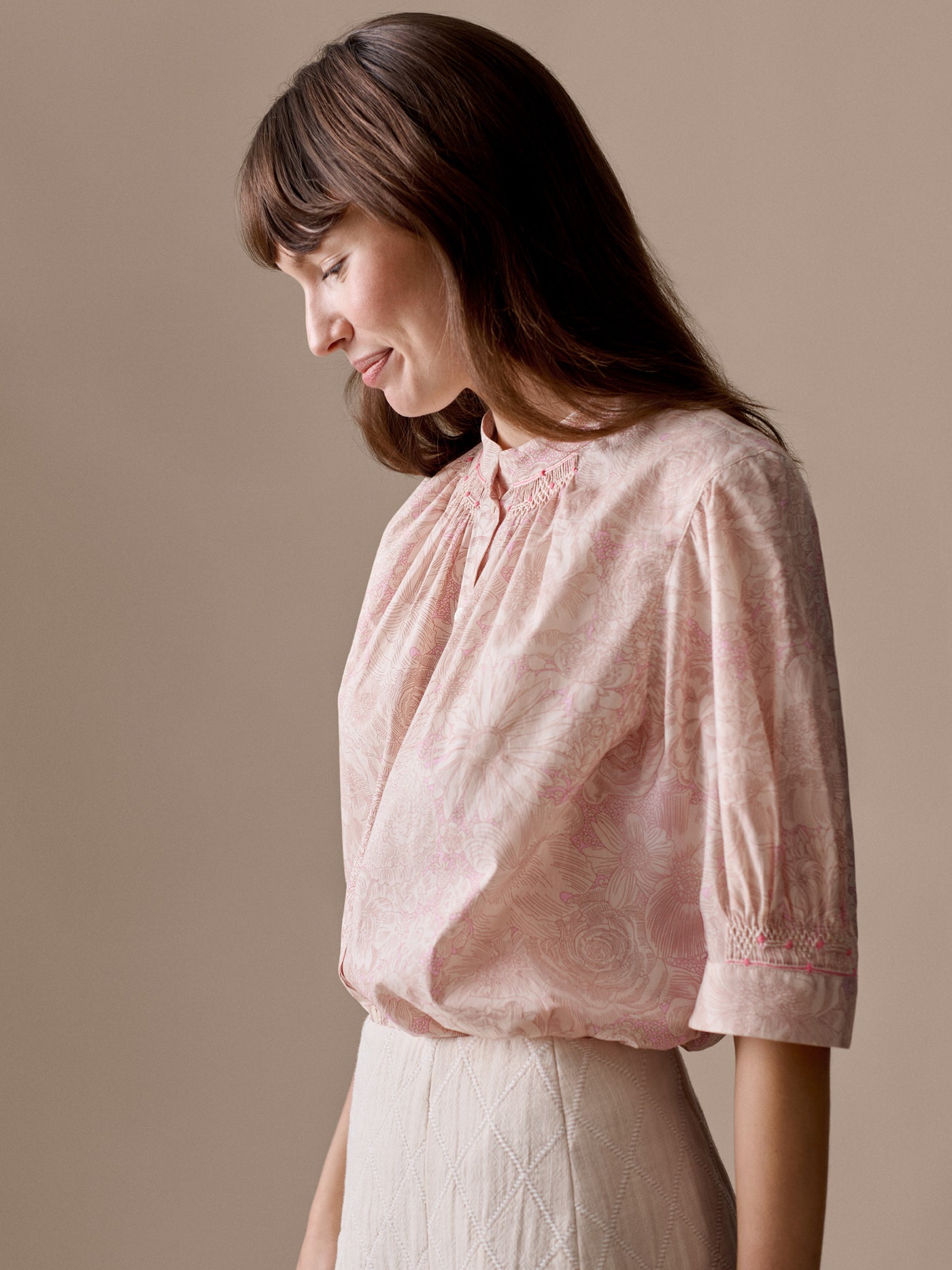 Lucy smocked and hand-embroidered blouse in Liberty organic cotton fabric