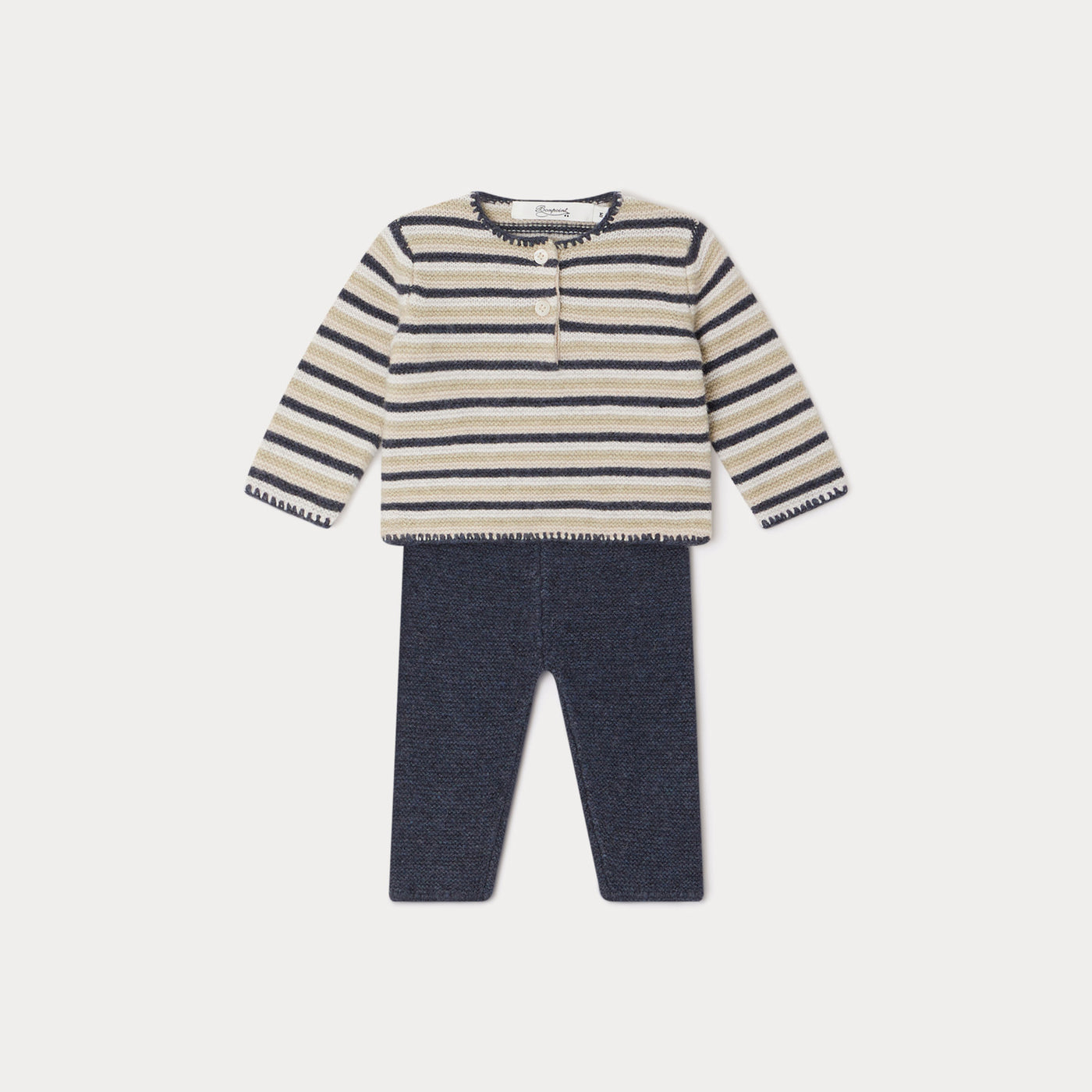 Bonpoint blue and tan baby knit, striped set