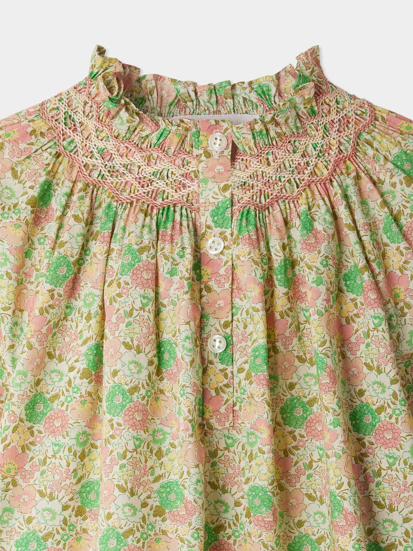 Petal blouse smocked and embroidered in Liberty fabric in organic cotton