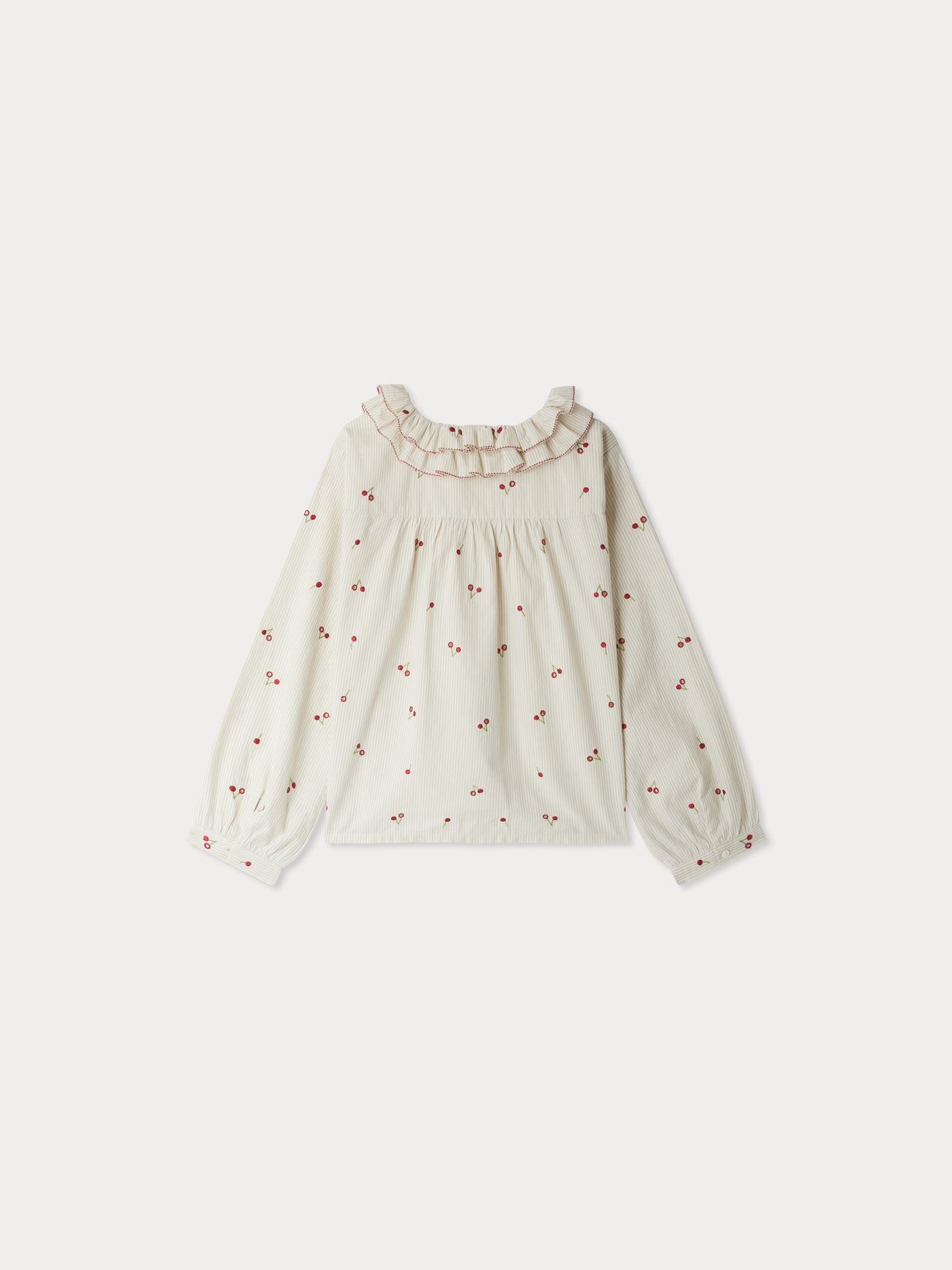 Jaffa blouse with ruffles in striped organic cotton with cherry embroidery