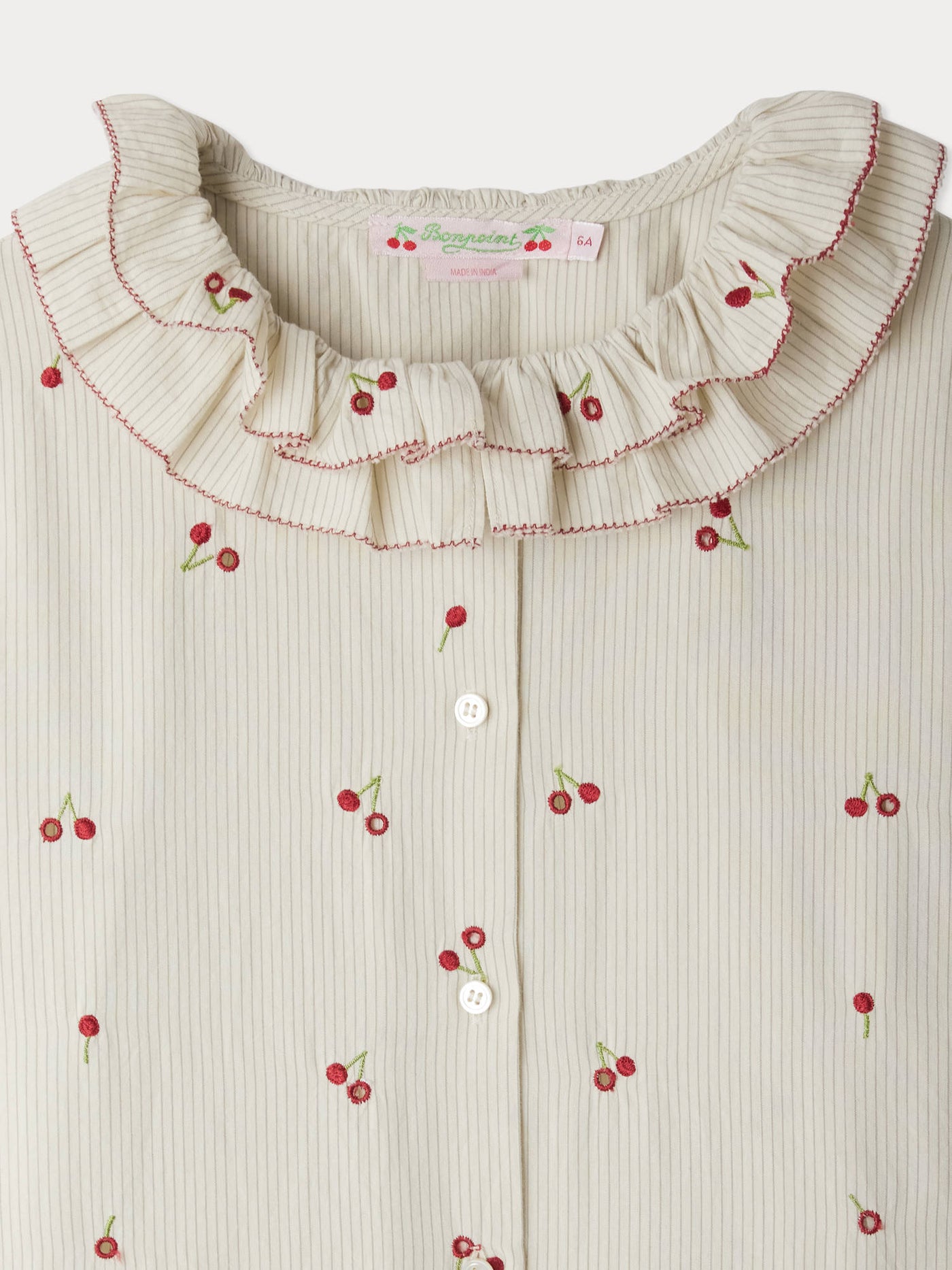 Jaffa blouse with ruffles in striped organic cotton with cherry embroidery