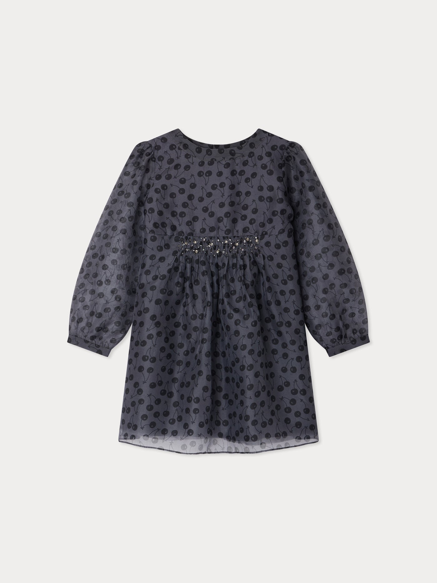 Junia smocked dress with cherry prints hand-embroidered with silk rhinestones