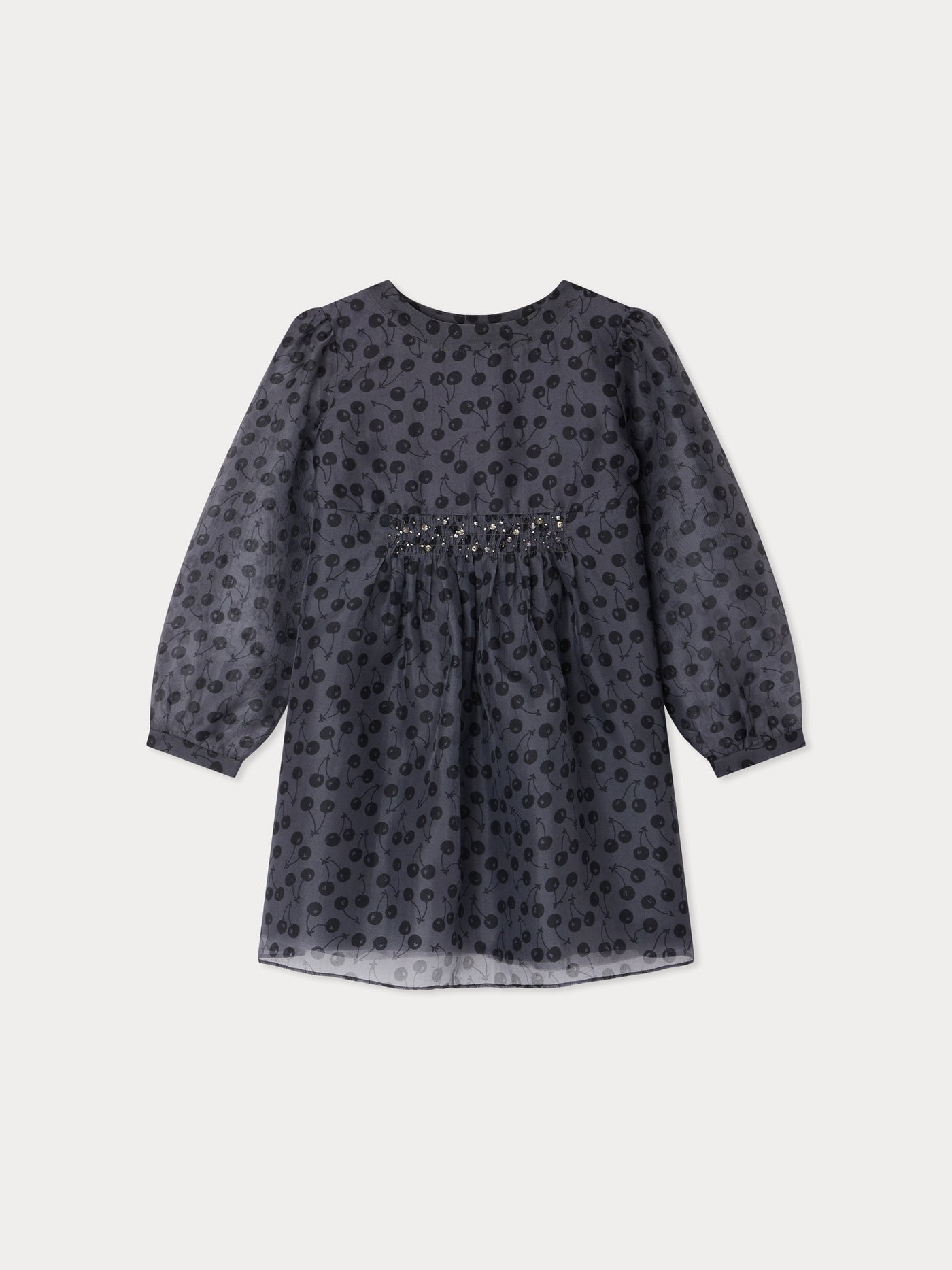 Junia smocked dress with cherry prints hand-embroidered with silk rhinestones