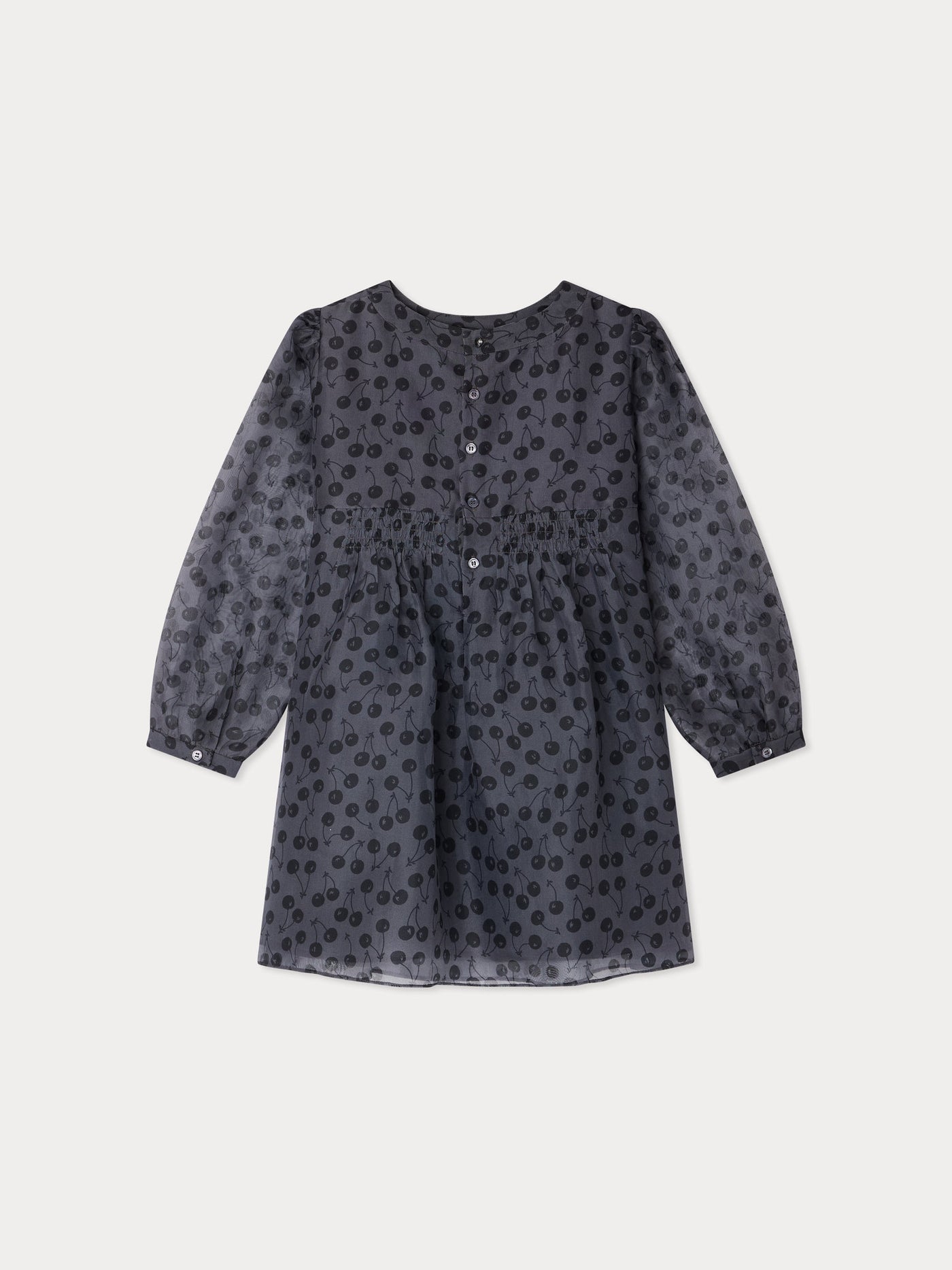 Junia smocked dress with cherry prints hand-embroidered with silk rhinestones