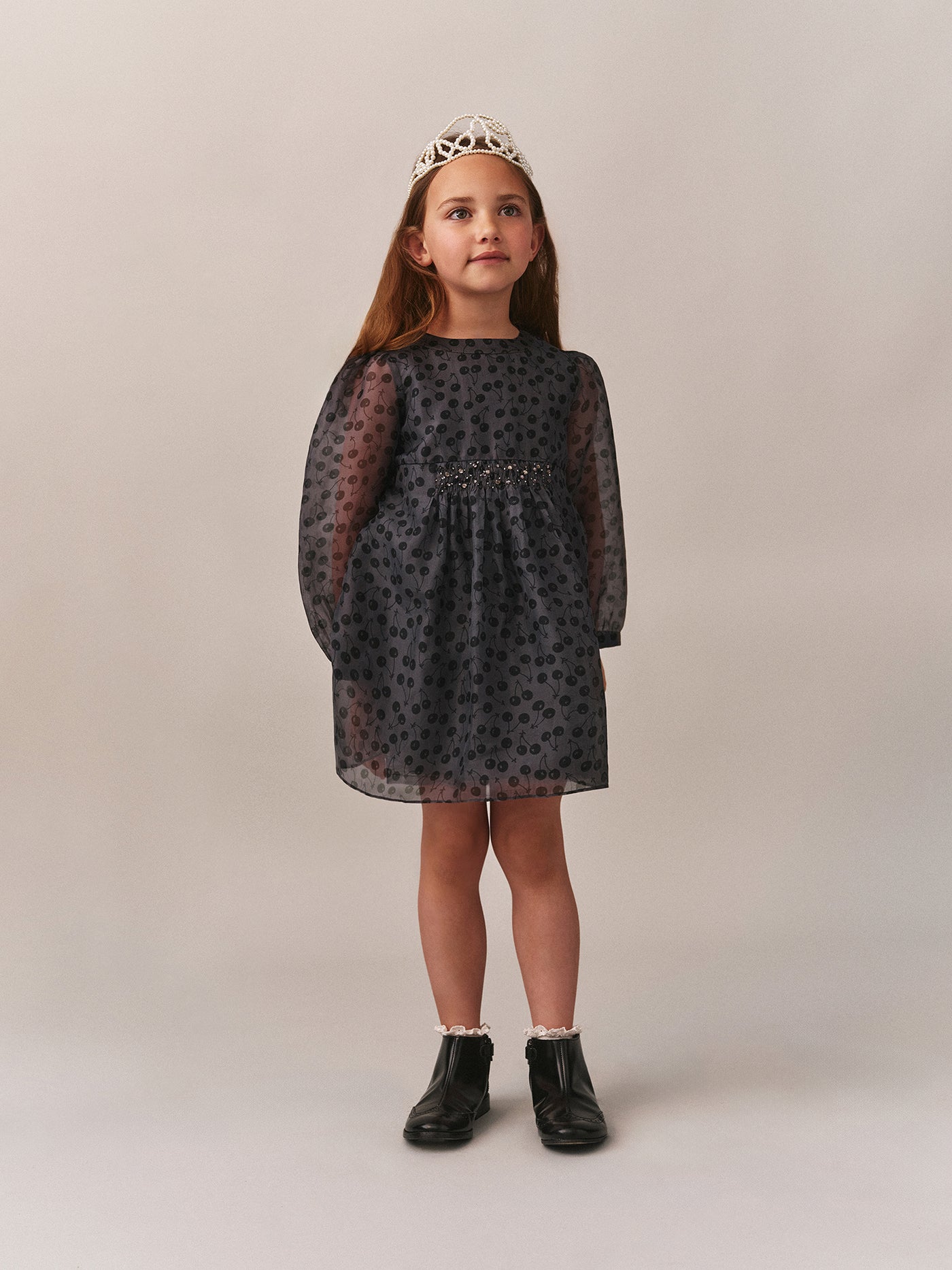 Junia smocked dress with cherry prints hand-embroidered with silk rhinestones