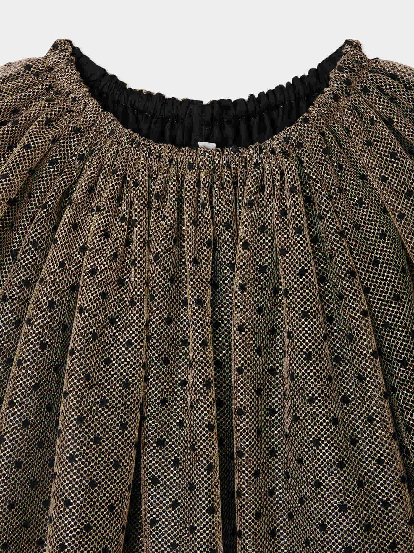 Juste dress in gold tulle with black flocked polka dots