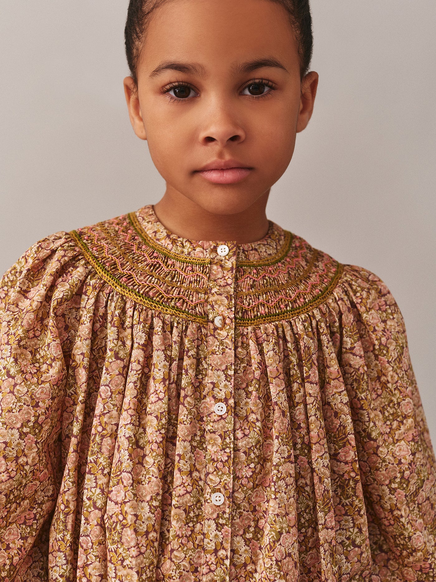 Jadwiga smocked and embroidered dress in Liberty fabric in organic cotton