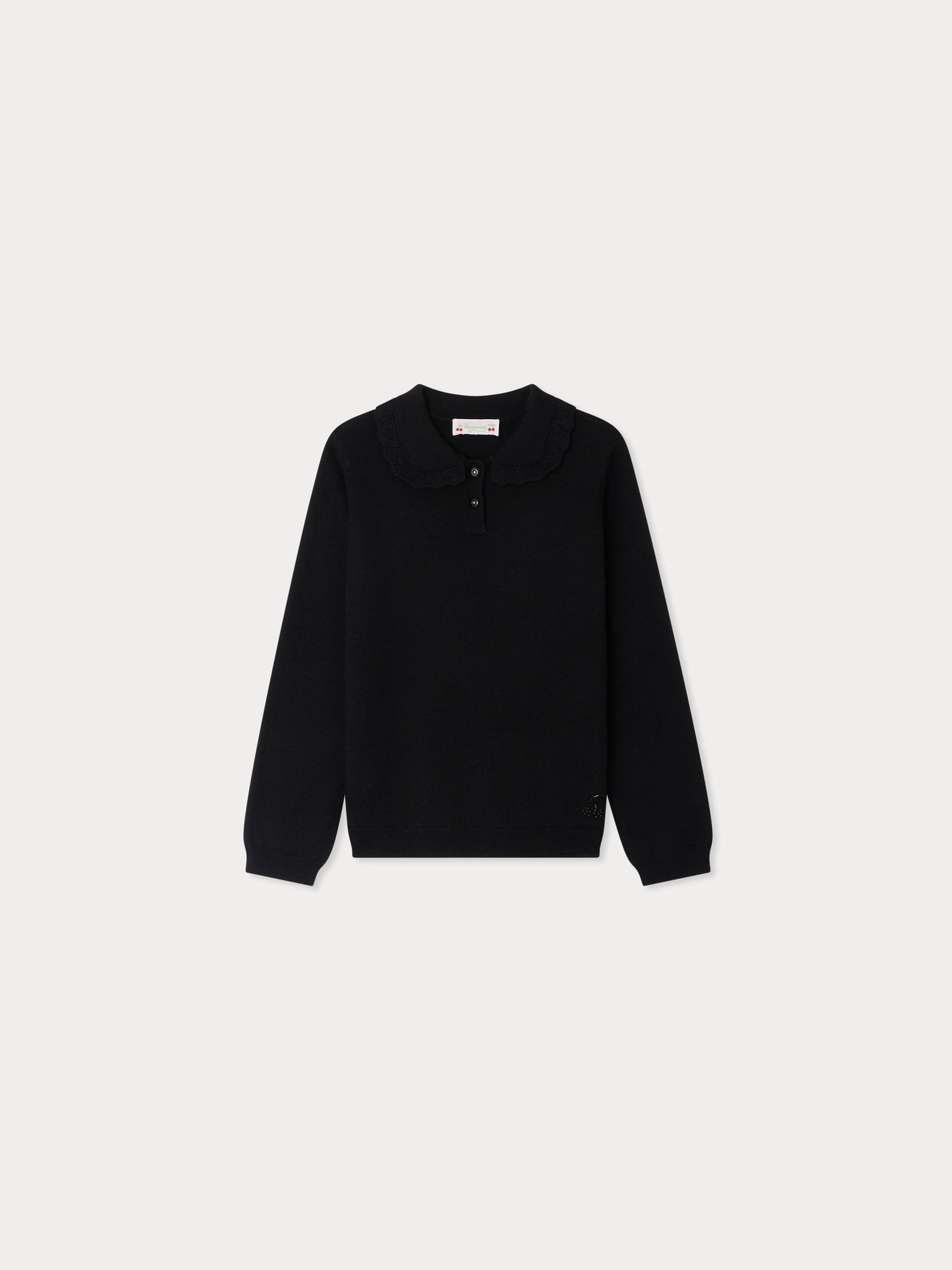 Brynja sweater with ruffles and cherry embroidery in pearls in wool