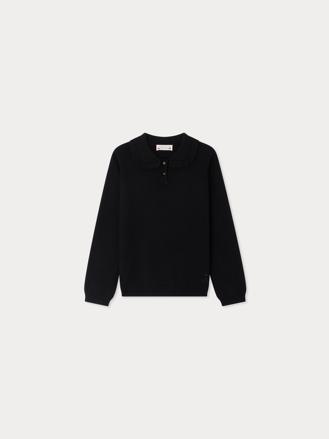 Brynja sweater with ruffles and cherry embroidery in pearls in wool