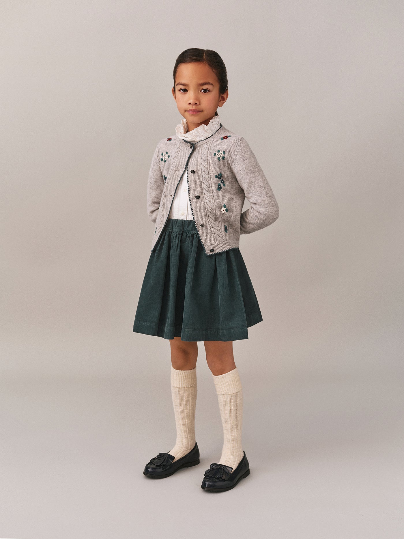 Suzon skirt with elasticated waist in green organic cotton velvet