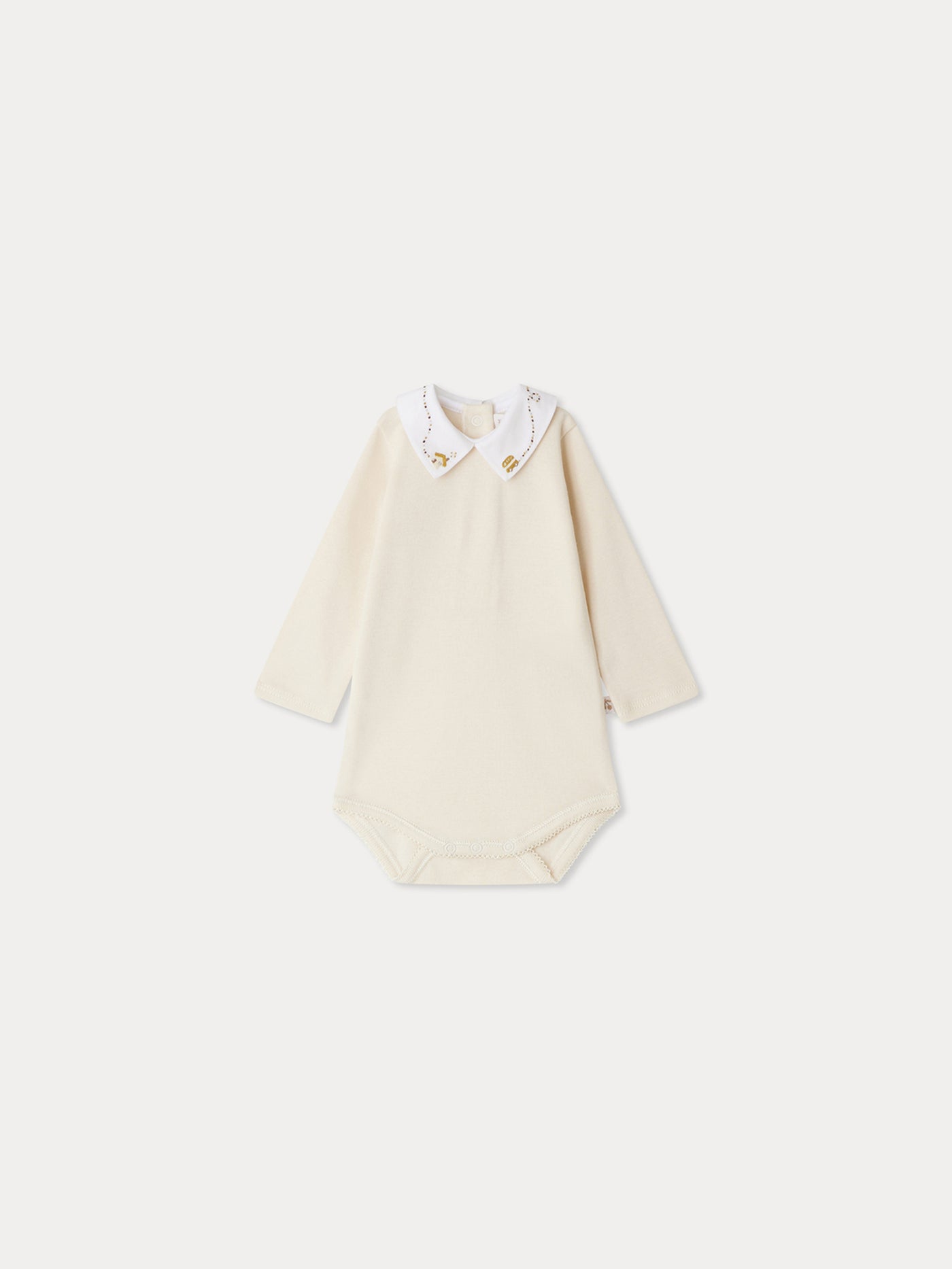 September bodysuit with homemade embroidered collar in organic cotton