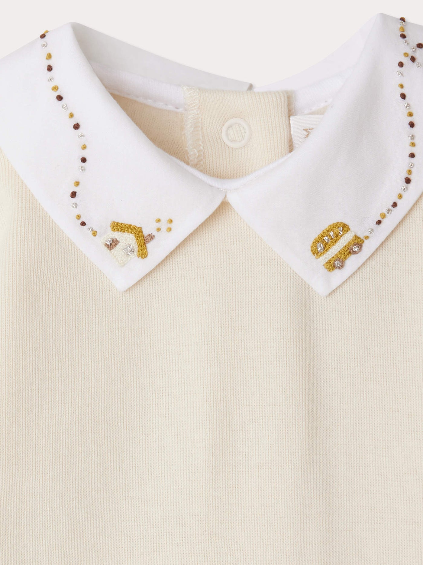 September bodysuit with homemade embroidered collar in organic cotton