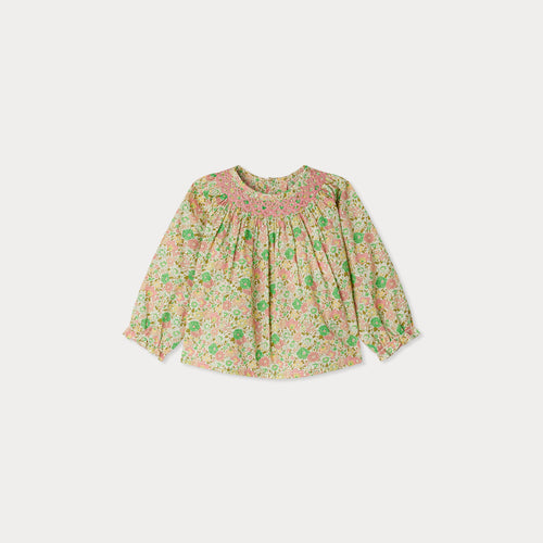 Griotte blouse smocked and embroidered in Liberty fabric in organic cotton