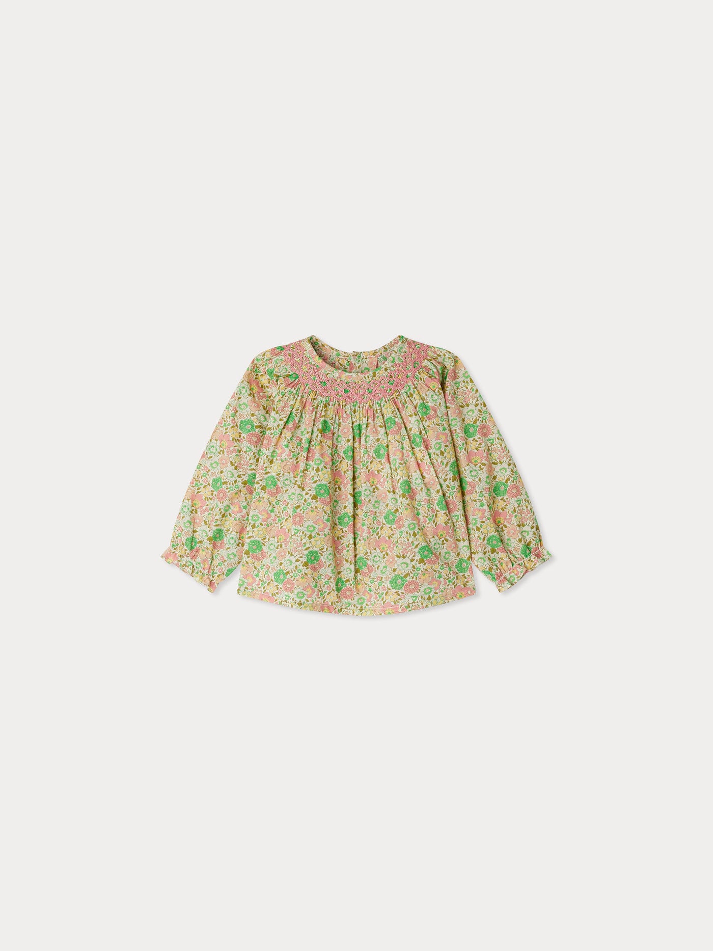 Griotte smocked blouse made with pale pink Liberty fabrics