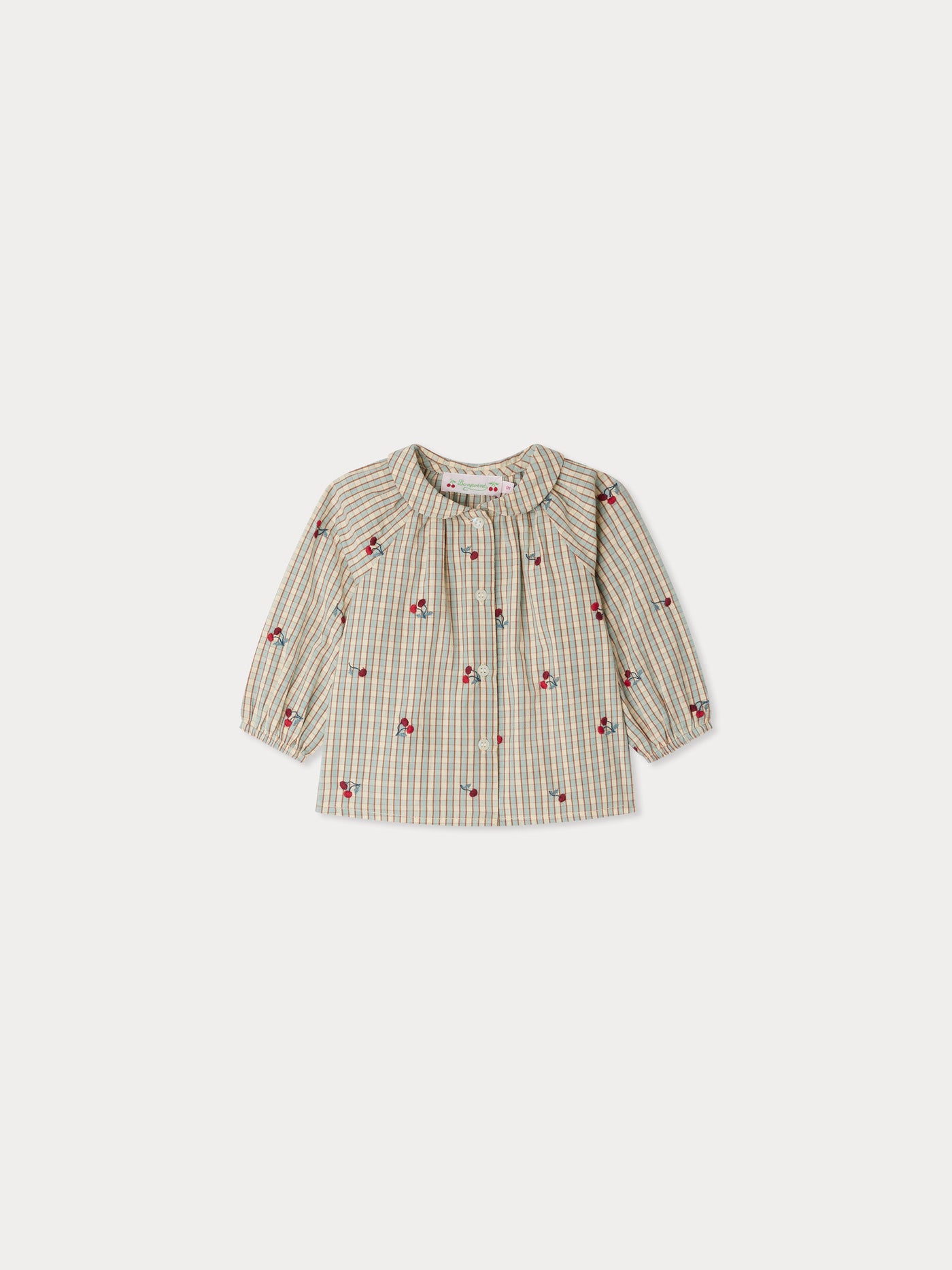 Domino plaid blouse embroidered with cherries in organic cotton