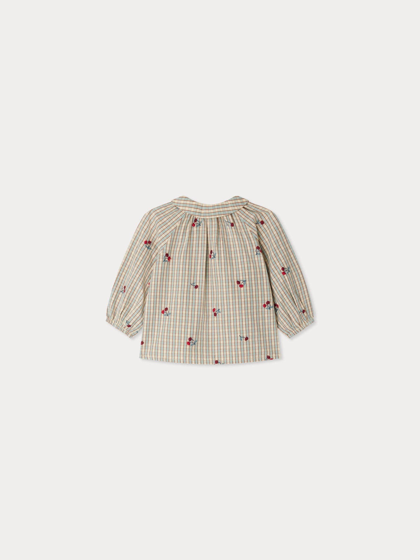 Domino plaid blouse embroidered with cherries in organic cotton