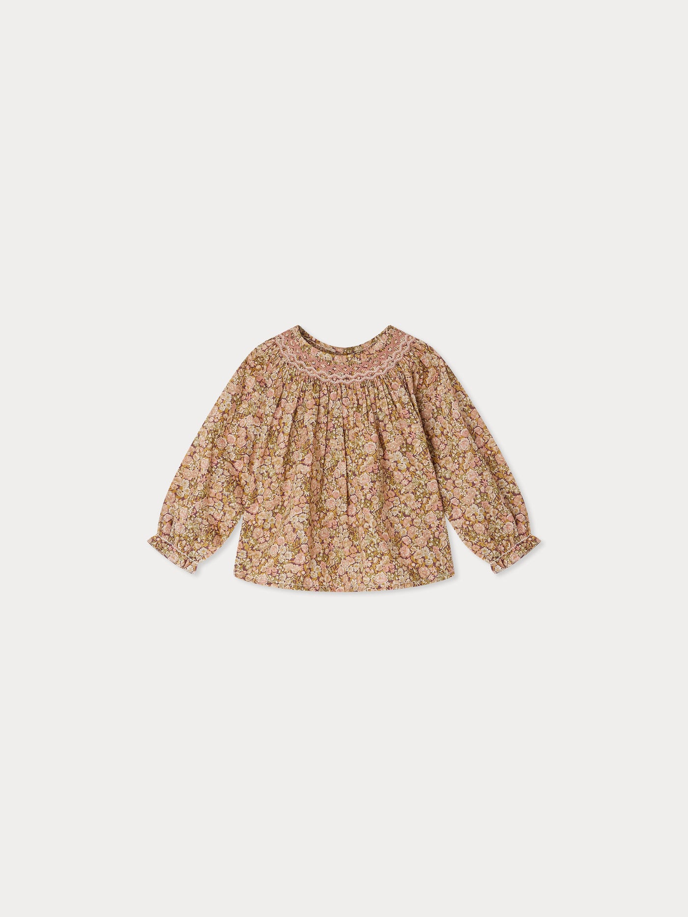 Griotte blouse smocked and embroidered in Liberty fabric in organic cotton