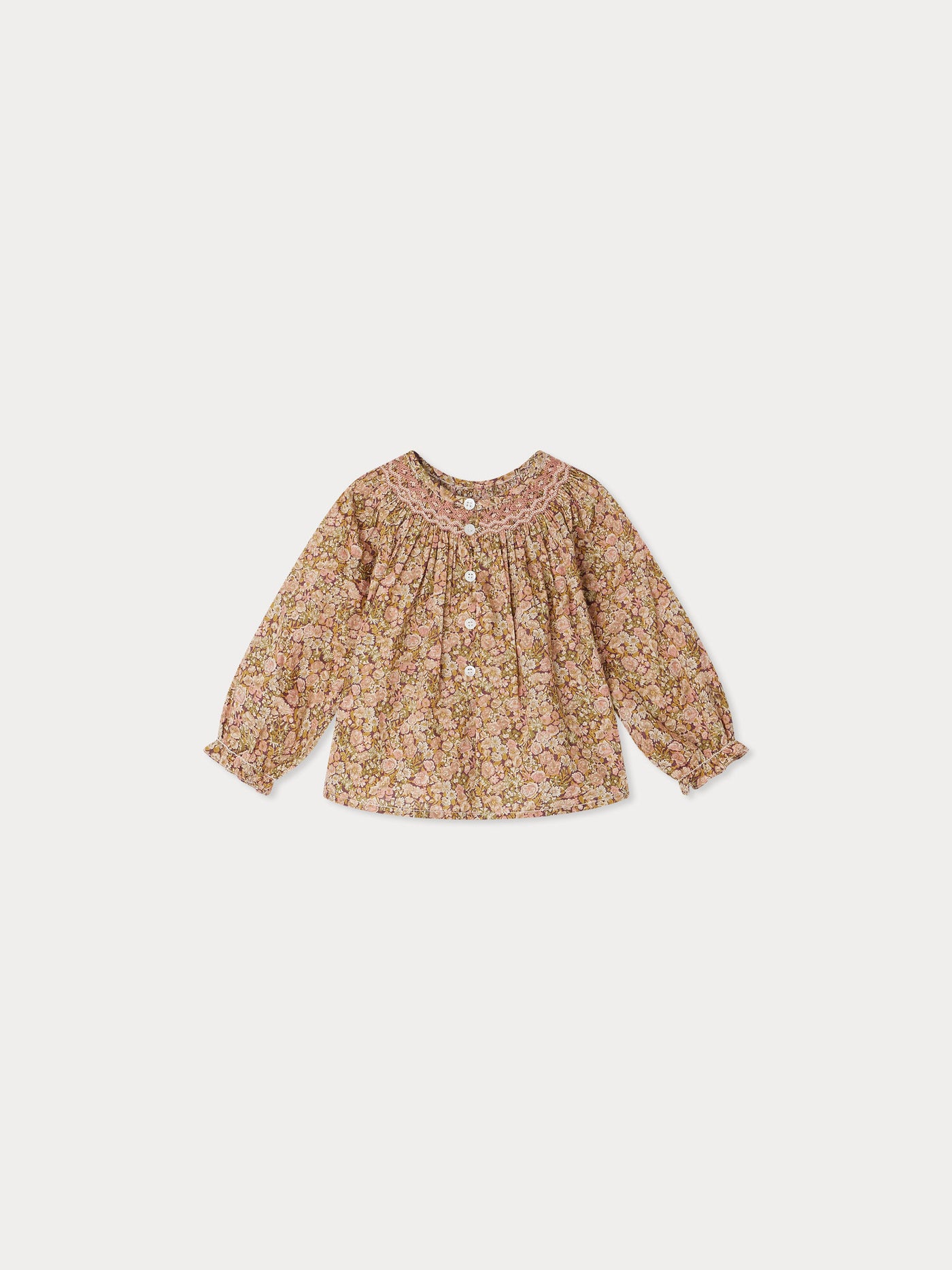 Griotte blouse smocked and embroidered in Liberty fabric in organic cotton