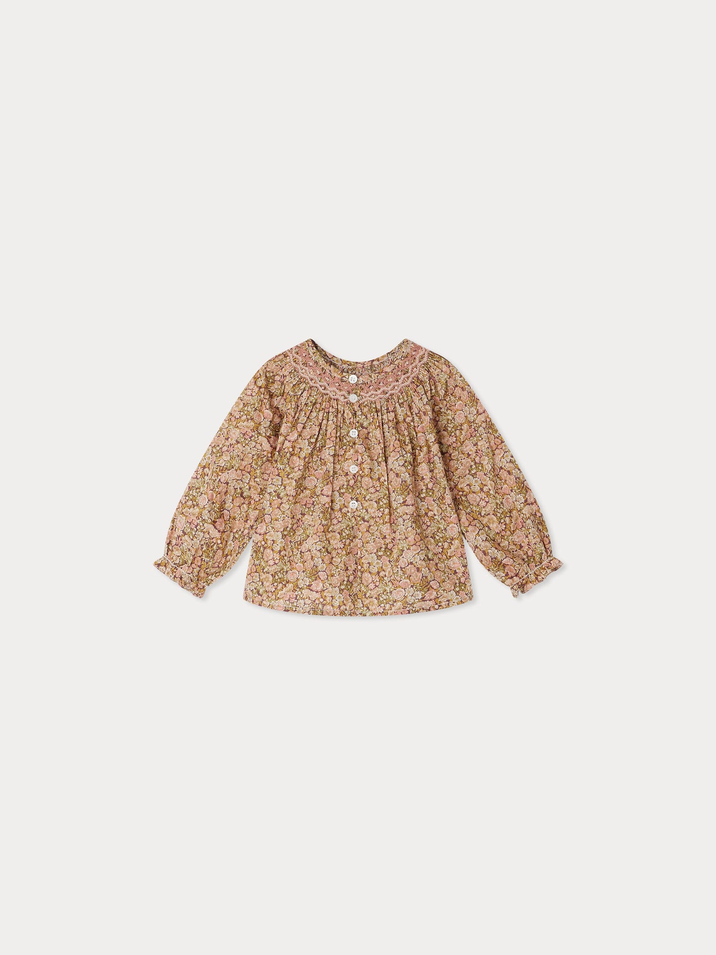 Griotte blouse smocked and embroidered in Liberty fabric in organic cotton