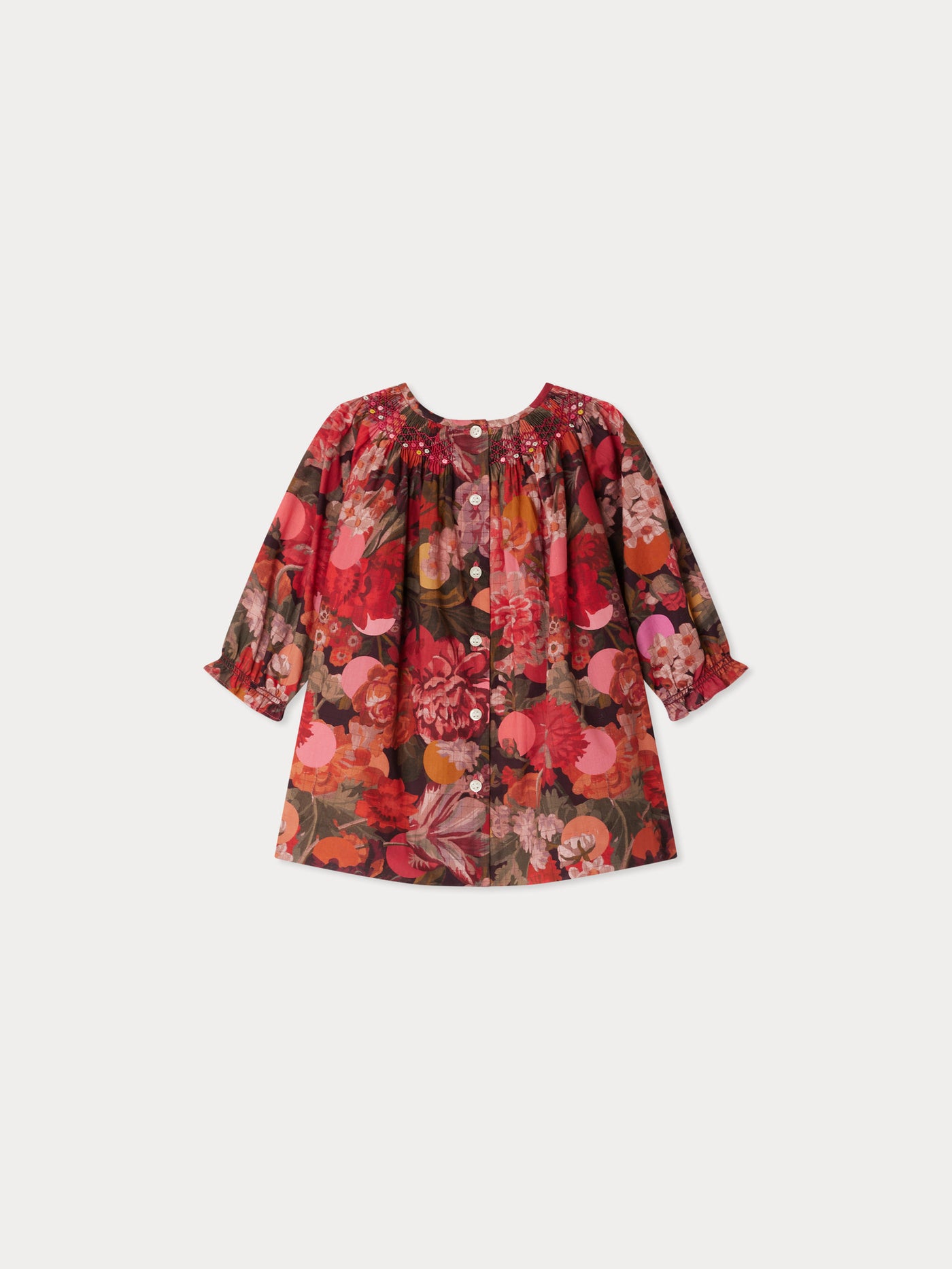 Griottine smocked and embroidered dress in Liberty fabric in organic cotton