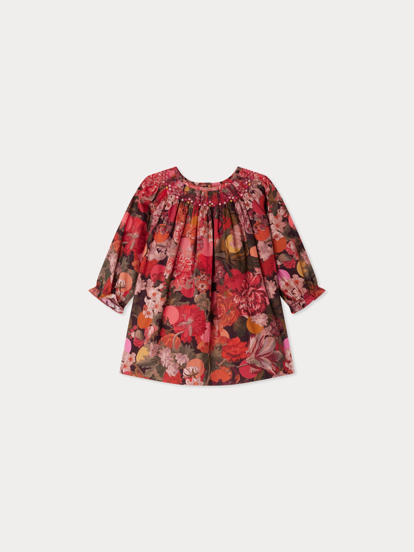 Griottine smocked dress made with raspberry Liberty fabrics