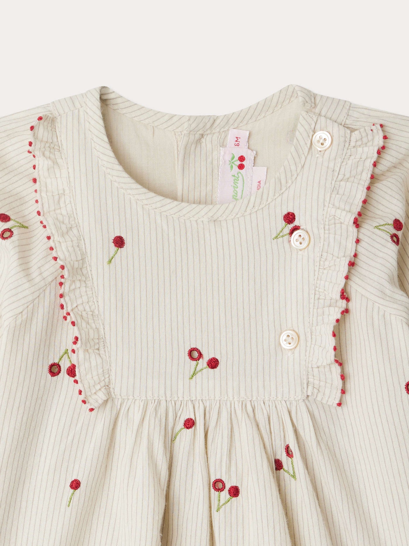 Taelia dress in striped organic cotton with cherry embroidery