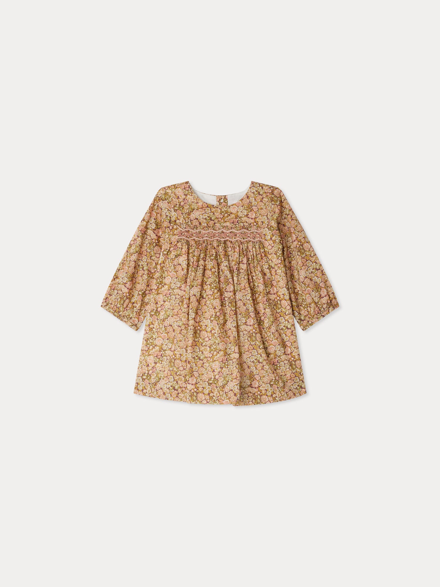 Félicie smocked and embroidered dress in Liberty fabric in organic