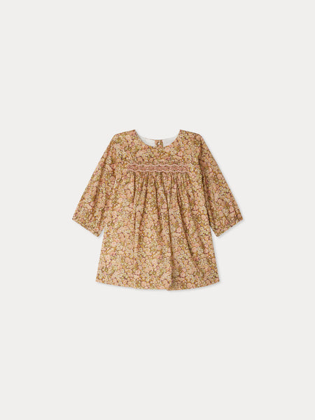Félicie smocked and embroidered dress in Liberty fabric in organic