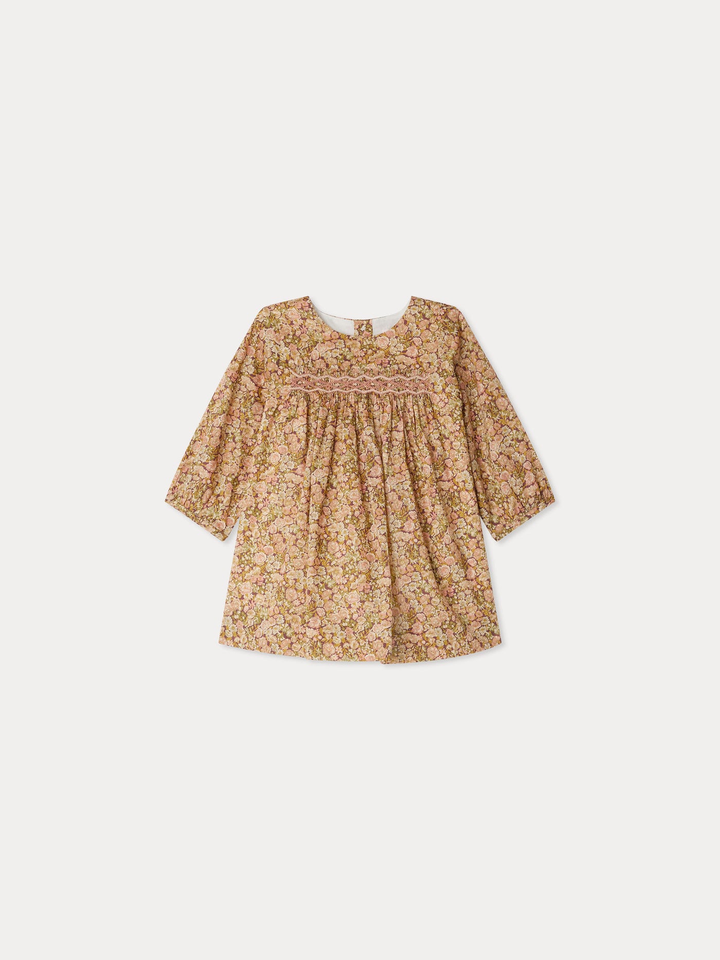Félicie smocked dress made with camellia pink Liberty fabrics