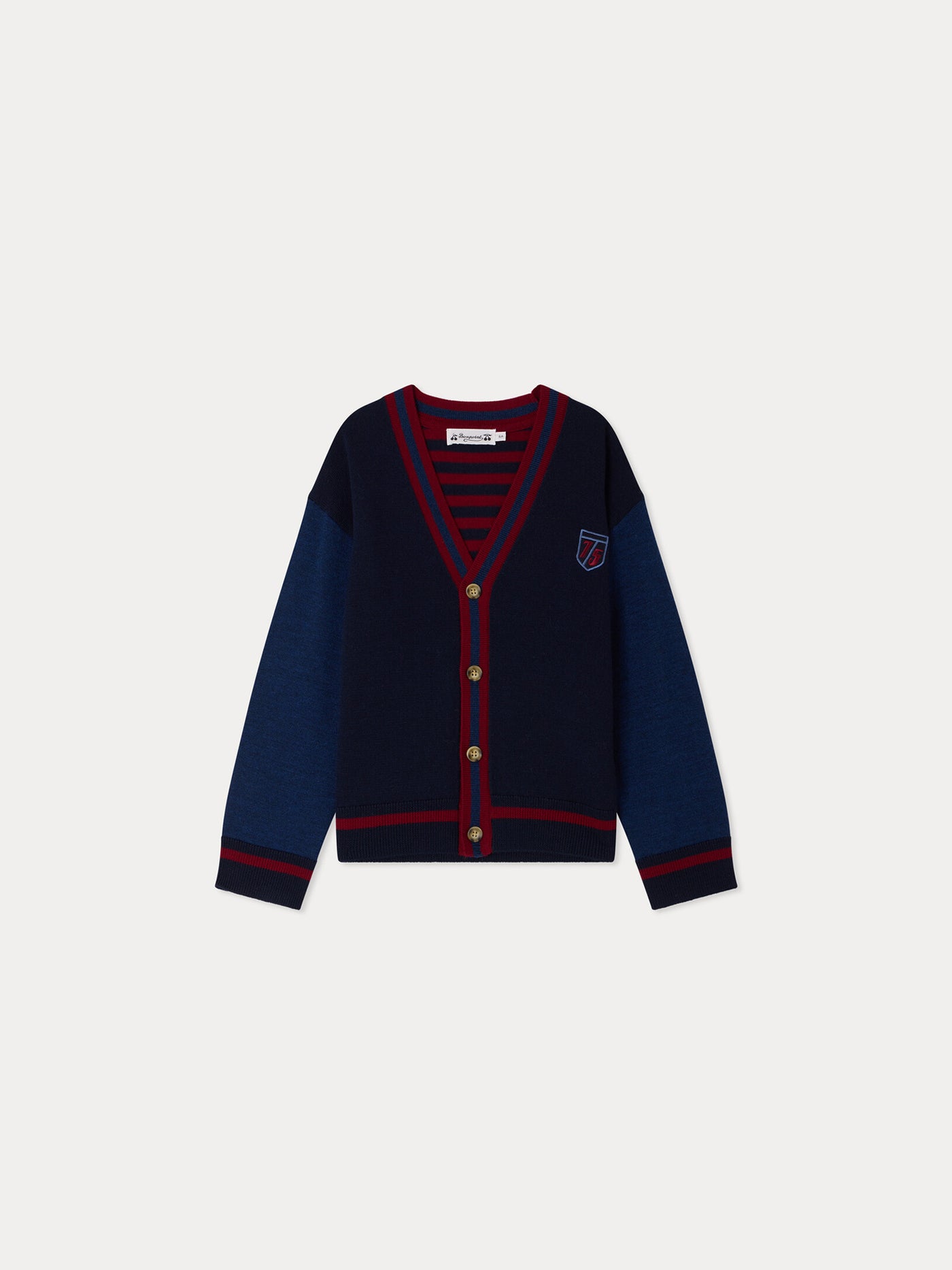 Julian V-neck cardigan with embroidered badge in wool