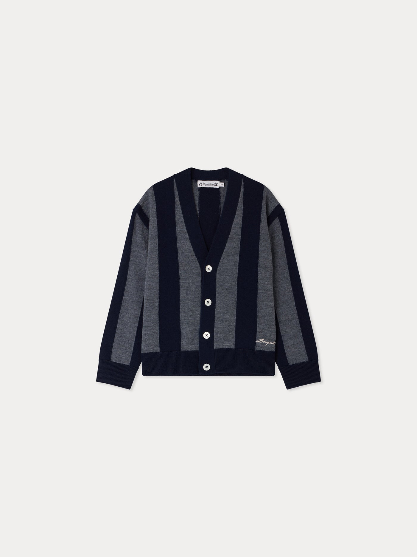 Mandel V-neck cardigan with grey stripes in wool