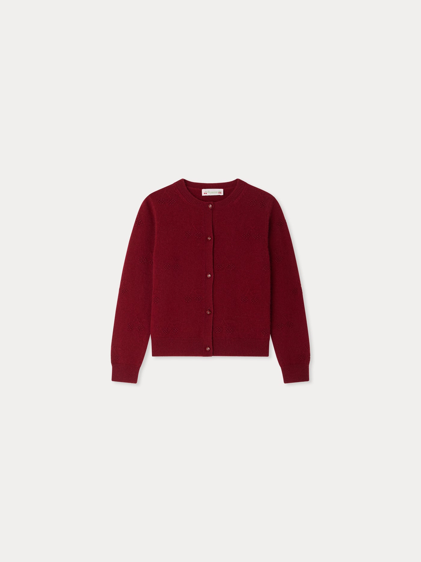 Burgundy Manon cardigan with cherries in cashmere