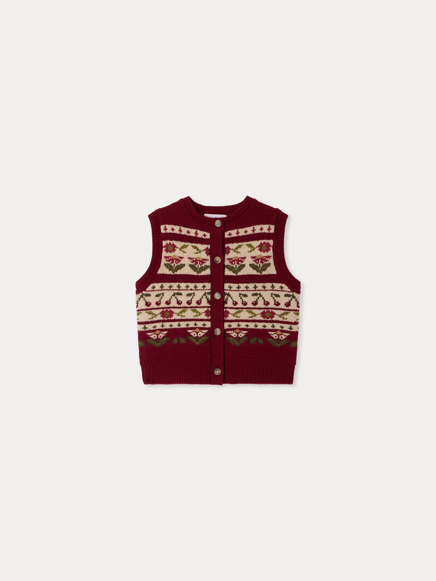 Cardigan Meriam sleeveless with cherry jacquard in wool