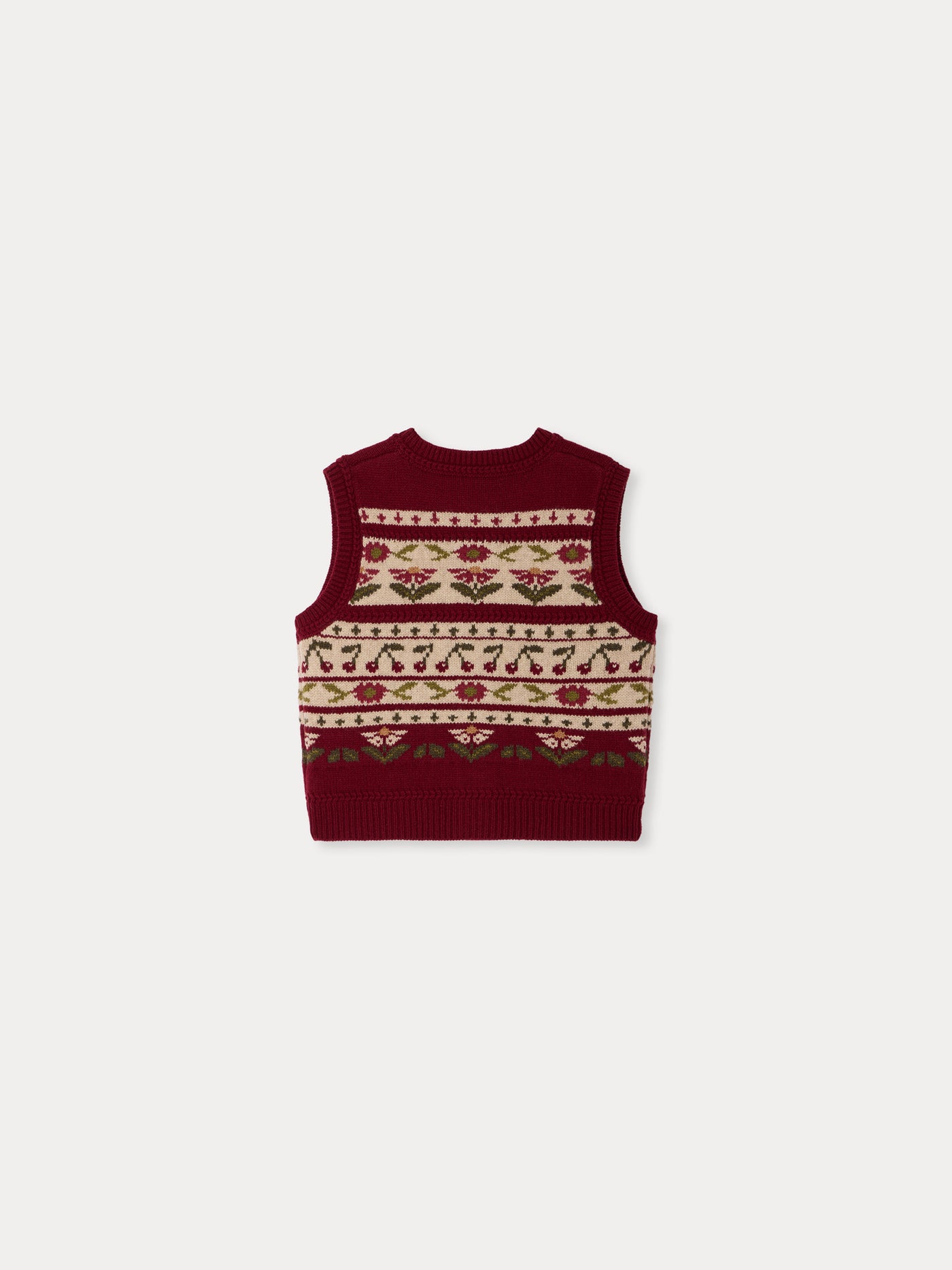 Cardigan Meriam sleeveless with cherry jacquard in wool