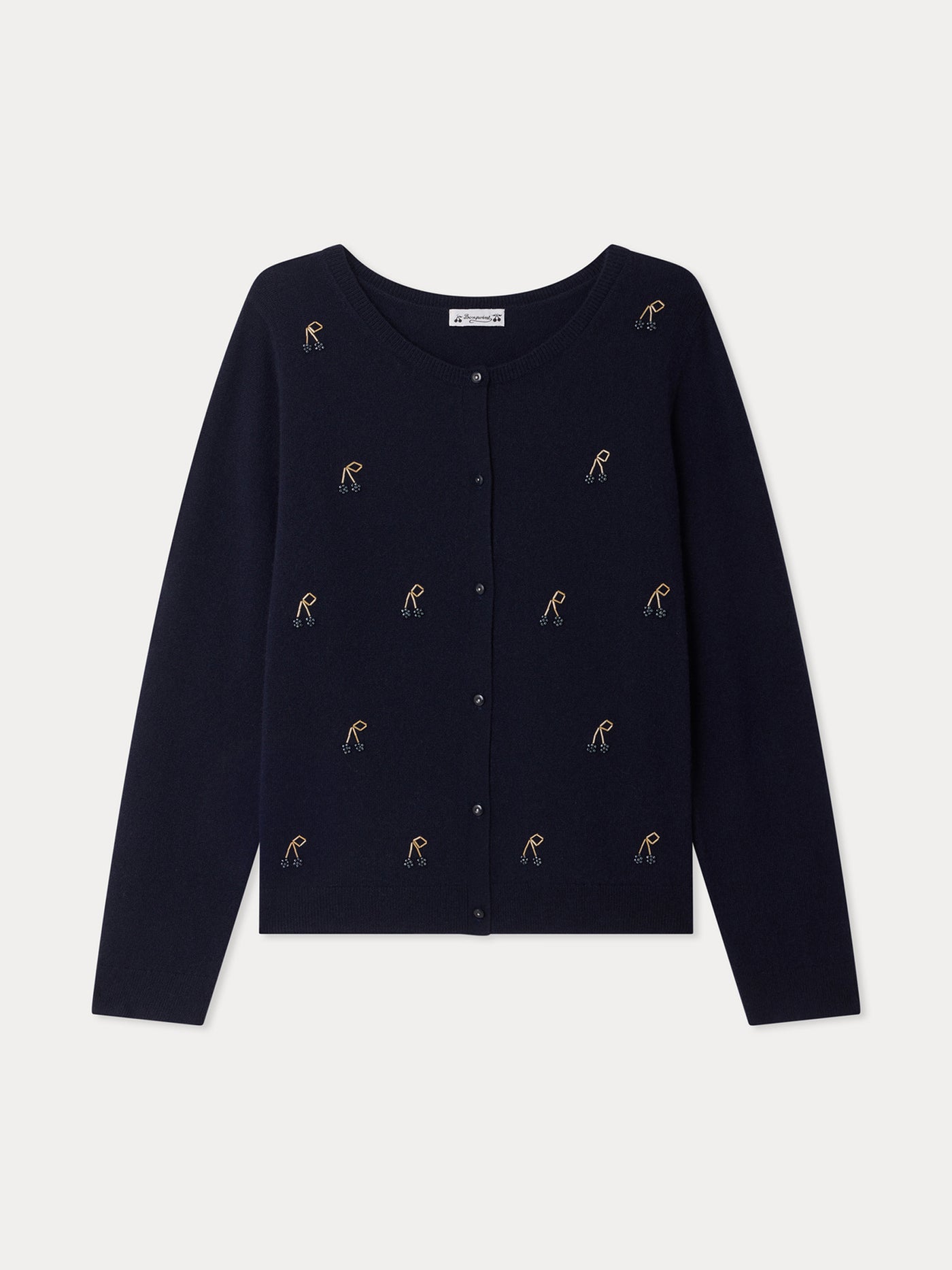 Cardigan Marisha Grown-Up navy with hand-embroidered cherries and pearls in cashmere