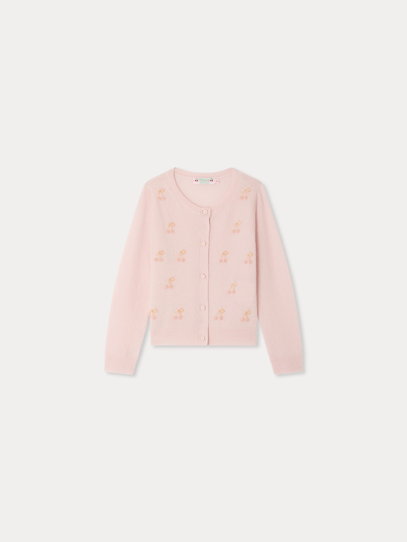 Cardigan Marisha pink with hand-embroidered cherries and pearls in cashmere