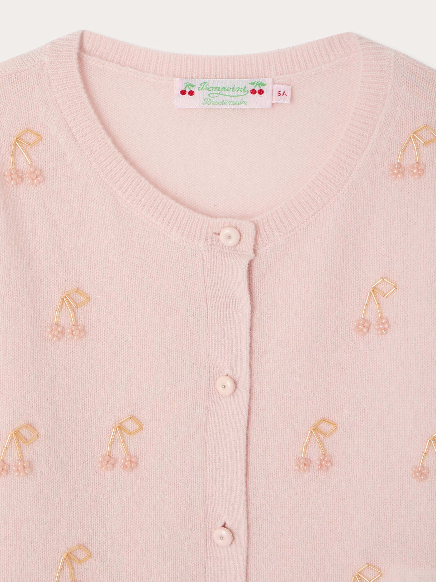 Cardigan Marisha pink with hand-embroidered cherries and pearls in cashmere