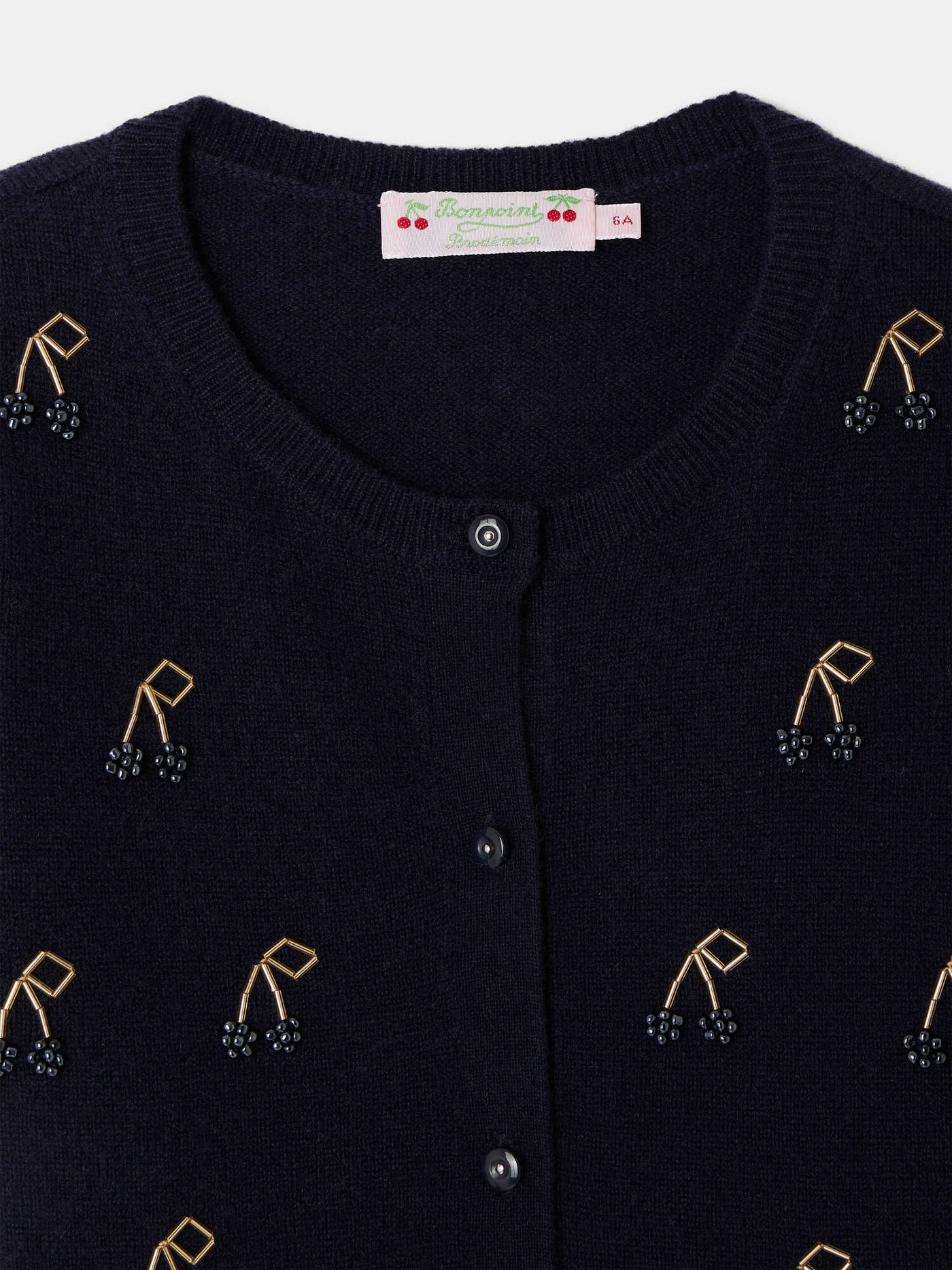 Cardigan Marisha navy with hand-embroidered cherries and pearls in cashmere