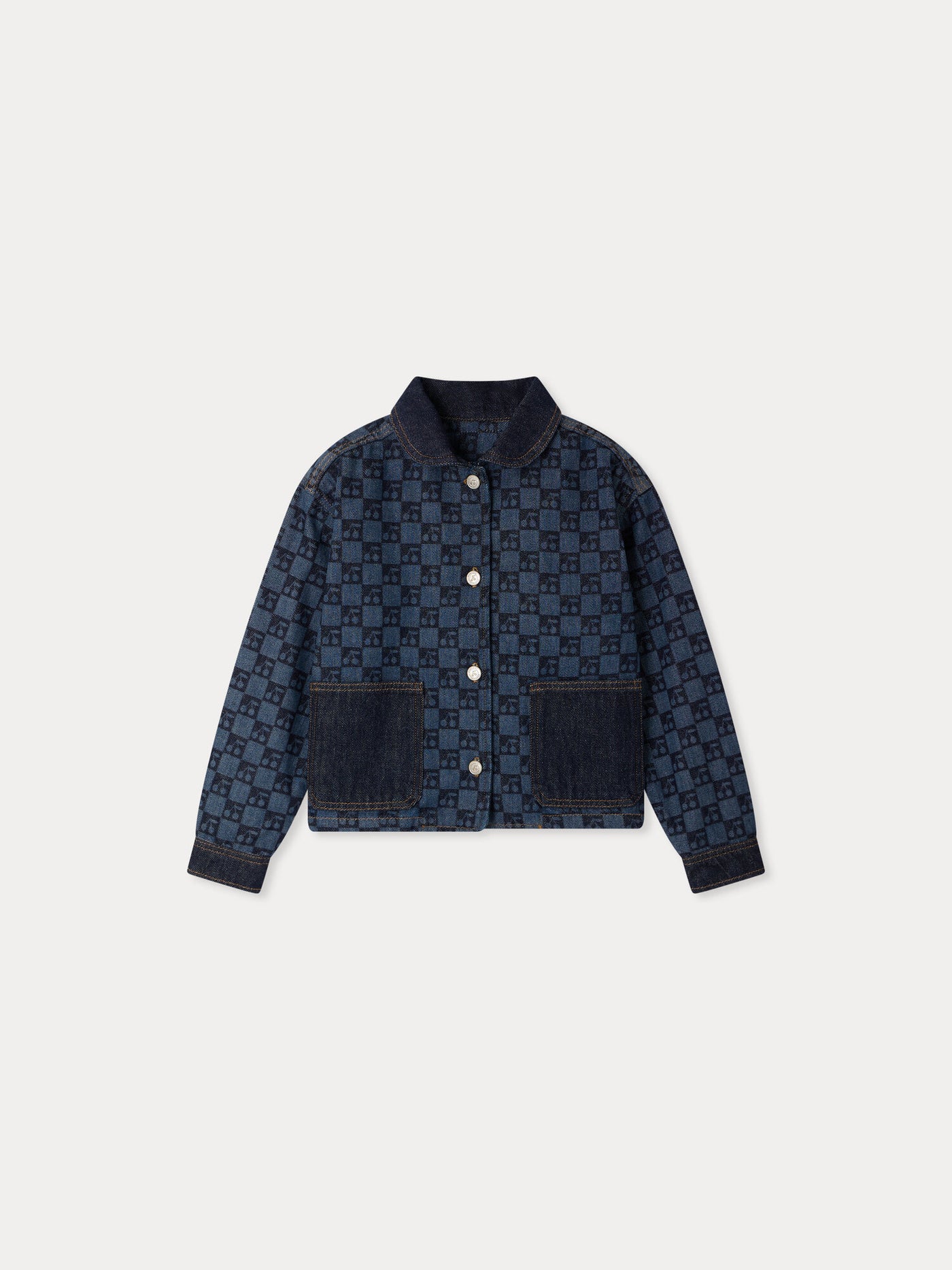 Marity quilted jacket with Peter Pan collar and cherry checkerboard print in organic cotton