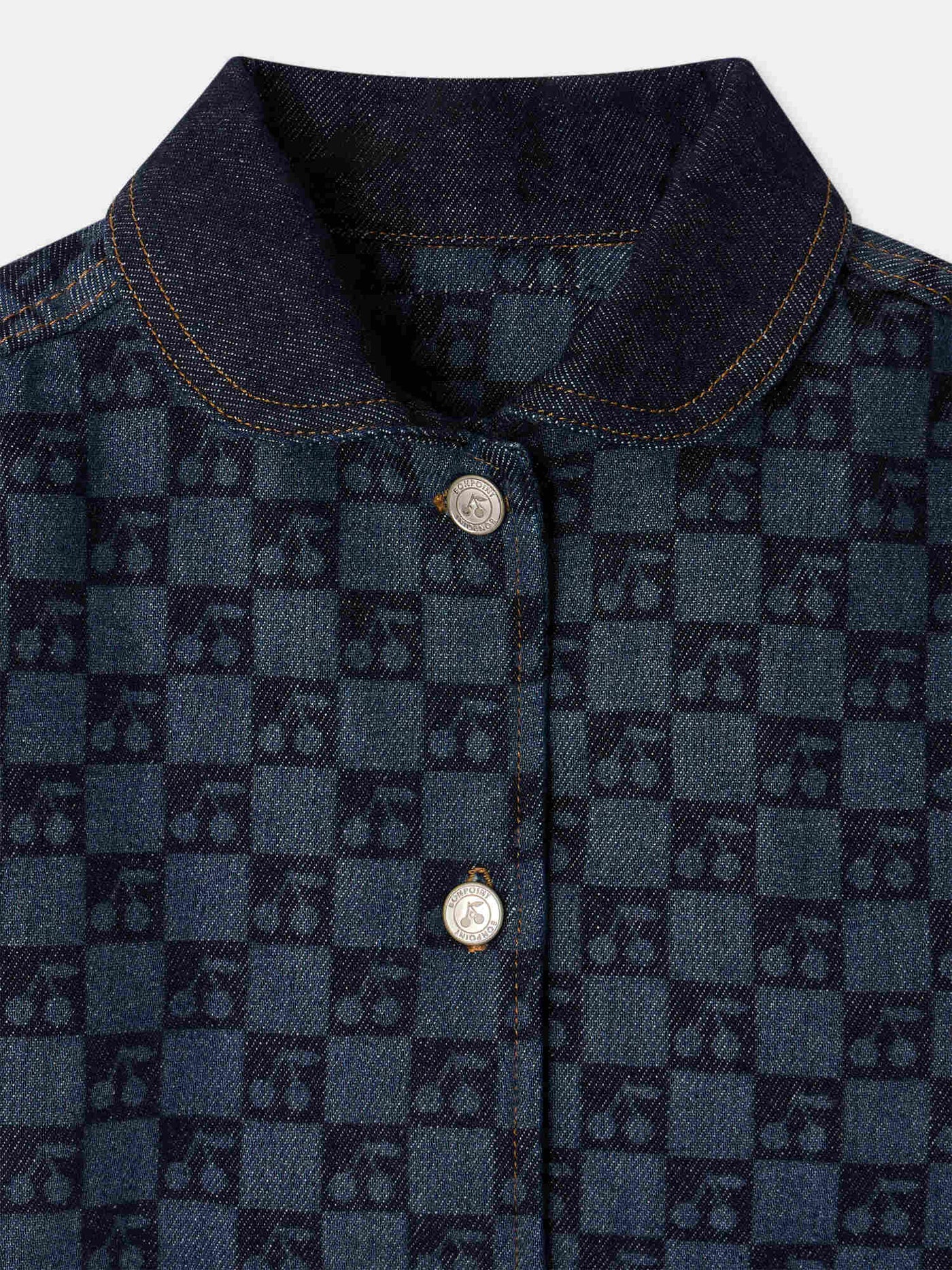 Marity quilted jacket with Peter Pan collar and cherry checkerboard print in organic cotton