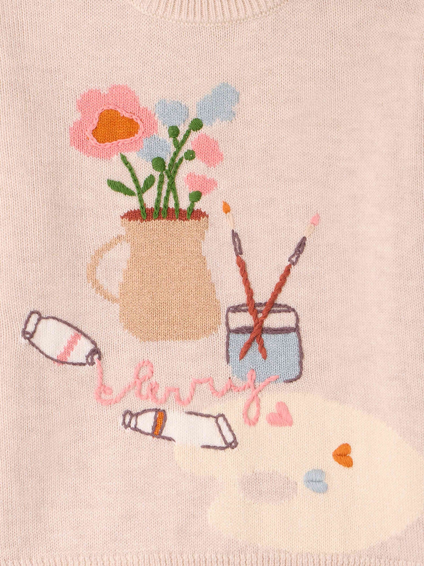 Tahini sweater with hand embroidered painter's workshop