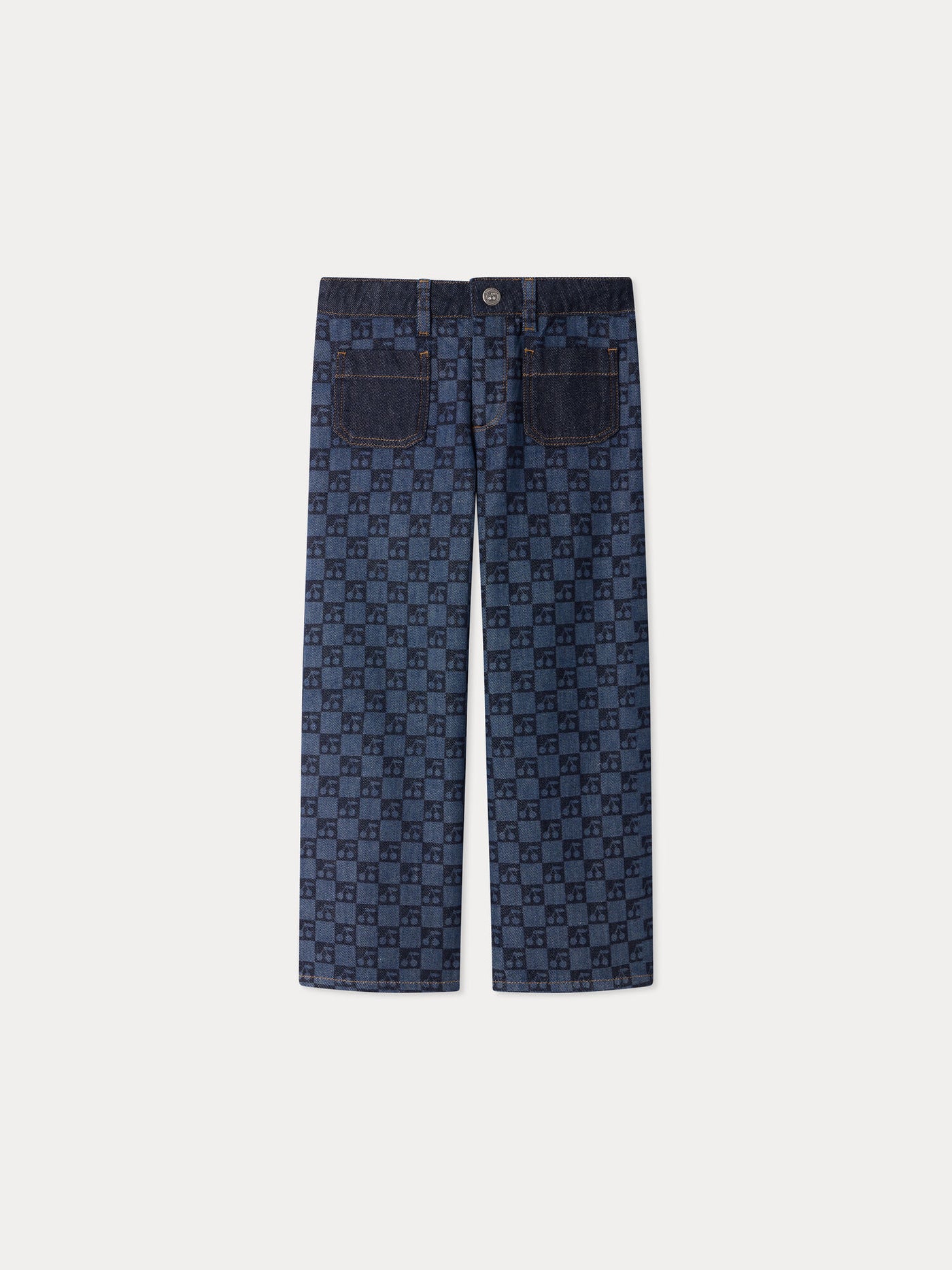 Minalie cherry checkerboard-print denim trousers in organic cotton