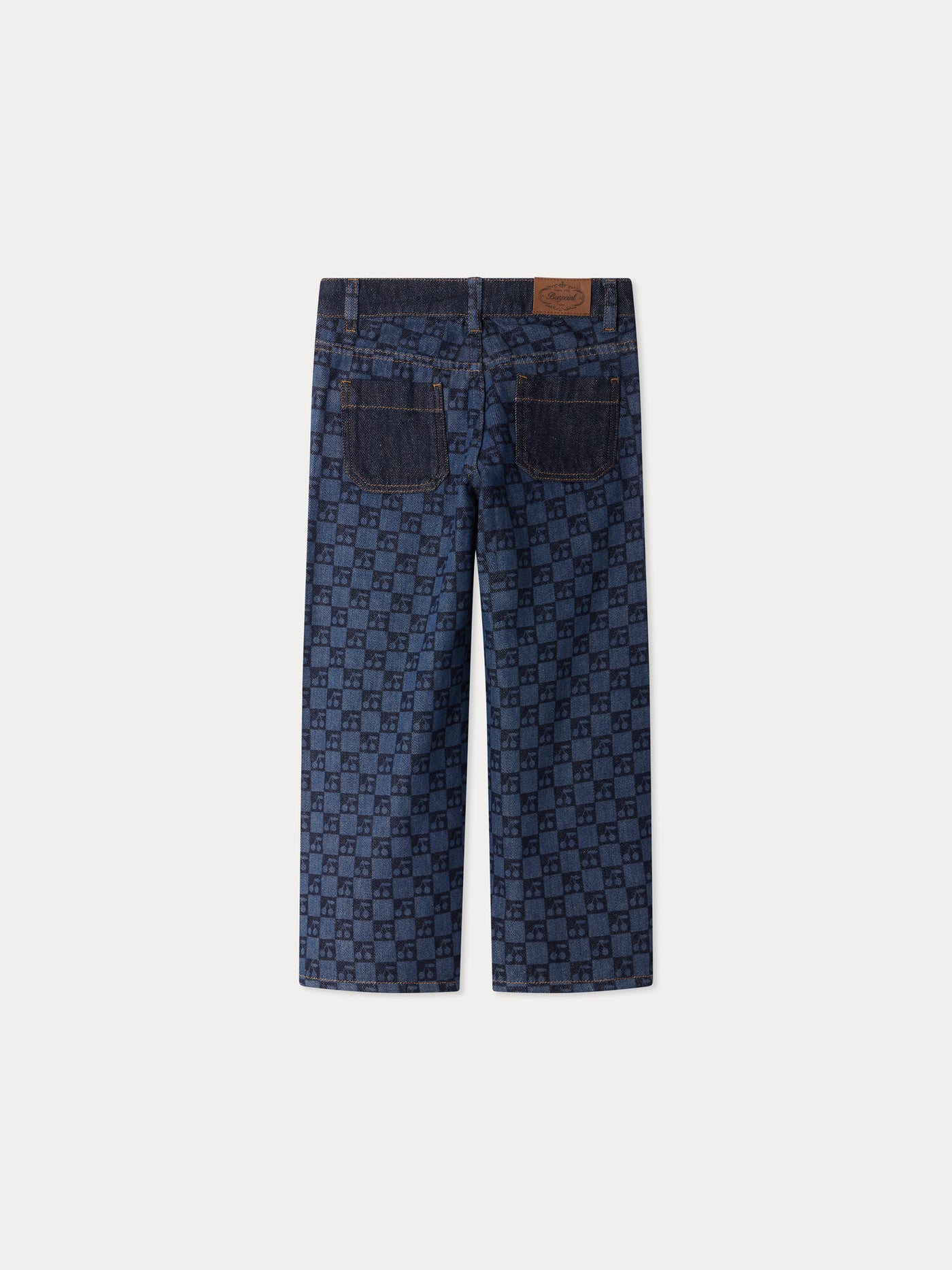 Minalie cherry checkerboard-print denim trousers in organic cotton