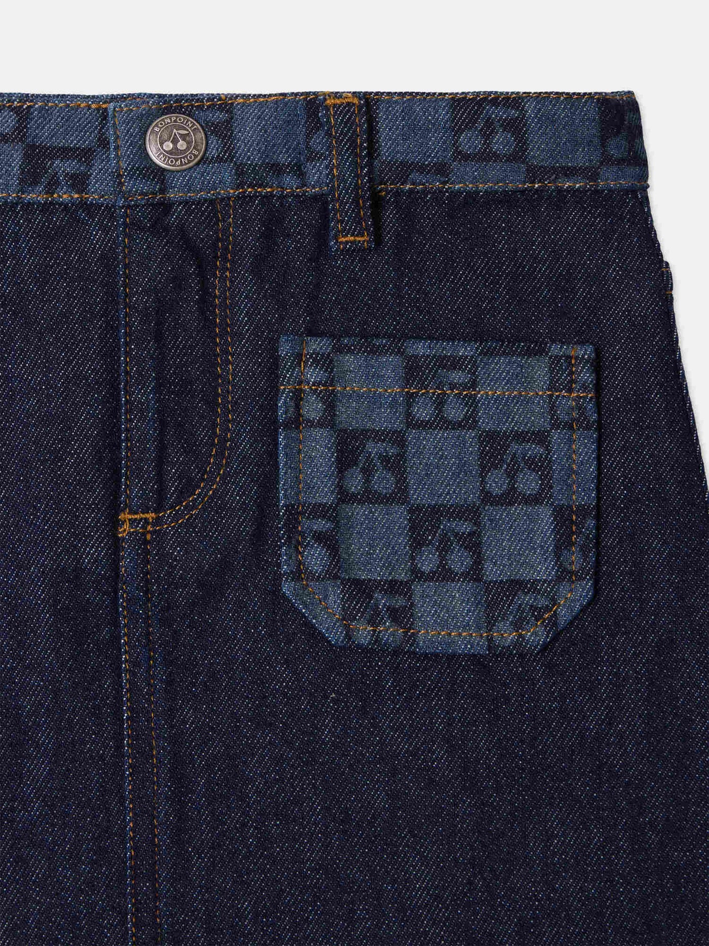 Tison cherry checkerboard-print denim skirt in organic cotton