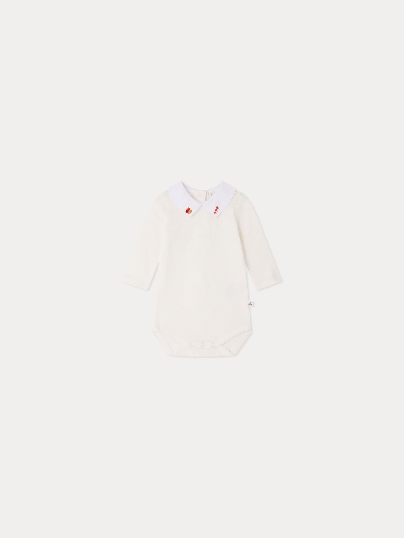Septembre bodysuit with hand-embroidered squirrel collar in organic cotton