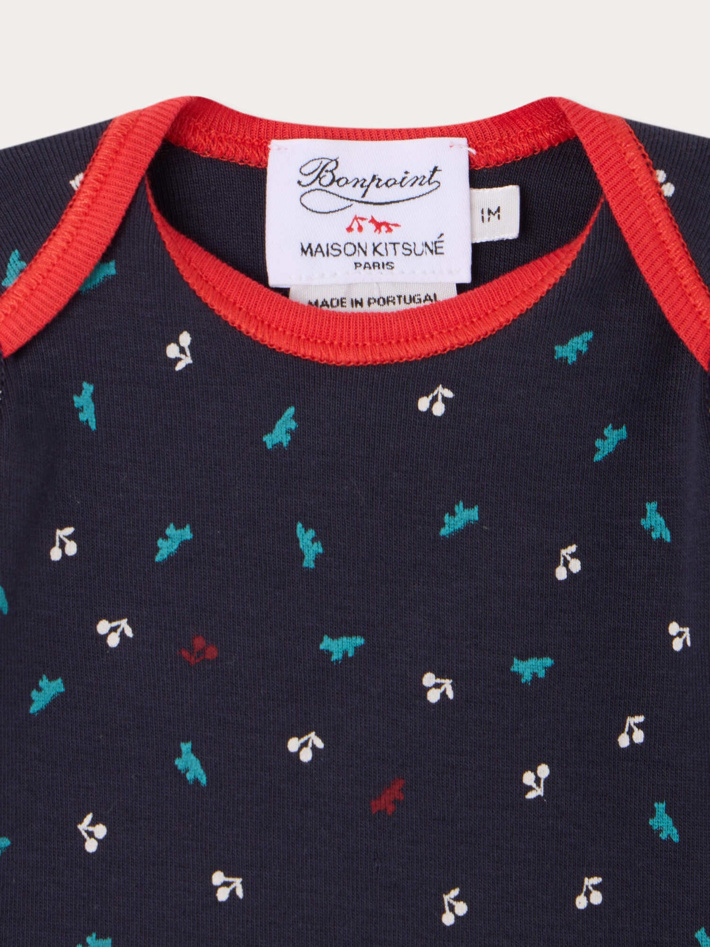 Bonpoint x Maison Kitsuné Timi set with cherry and fox print, organic cotton