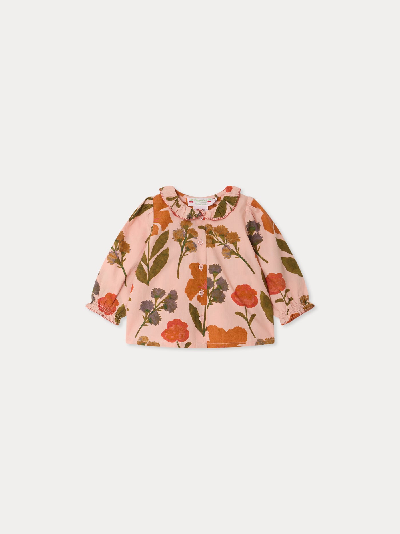 Jojoba baby blouse with hand embroidered collar and organic cotton flower print