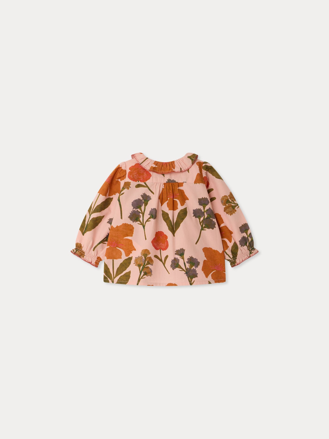 Jojoba baby blouse with hand embroidered collar and organic cotton flower print