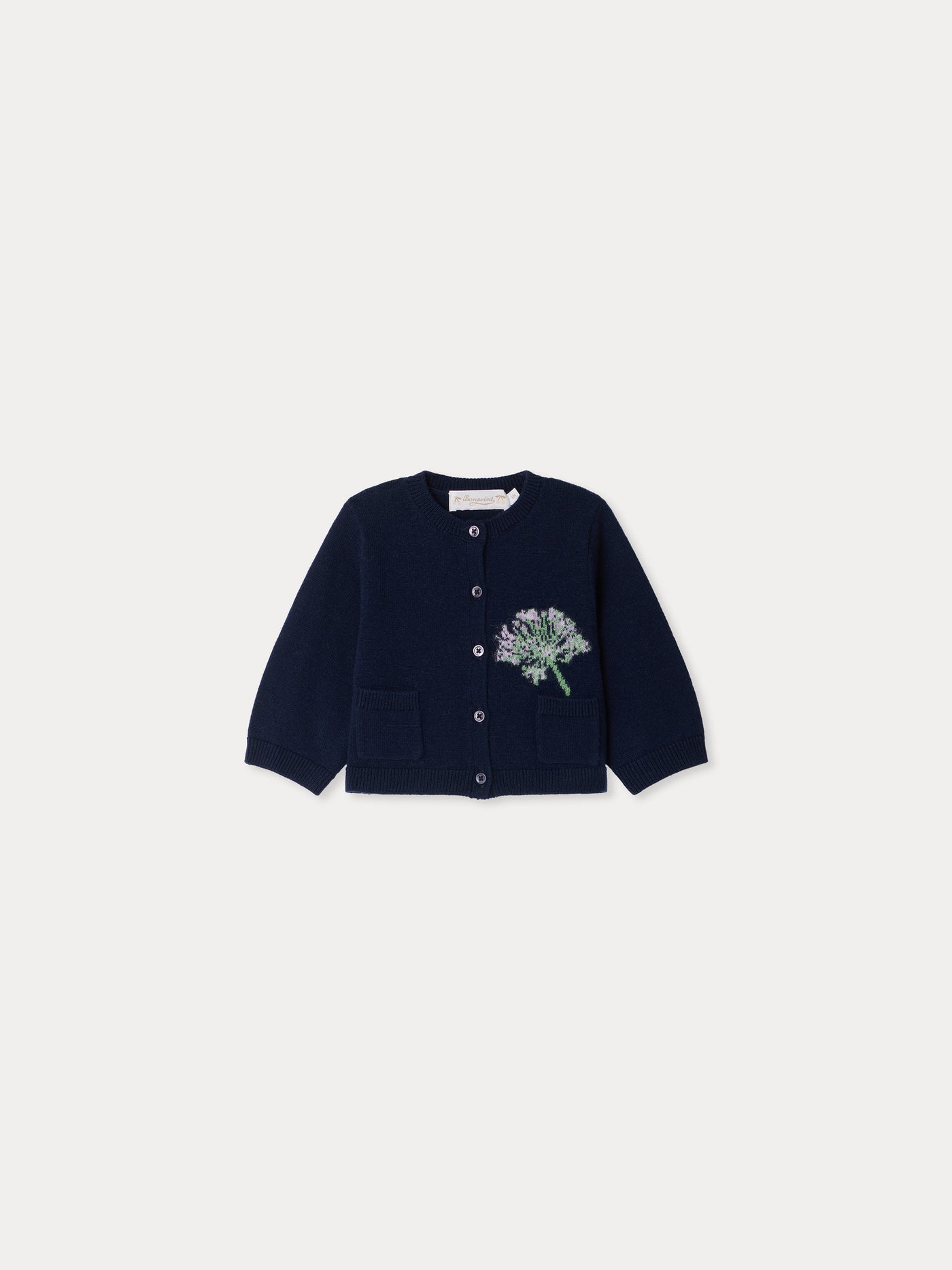 Bonpoint x MoMA Mibou baby cardigan with intarsia flower