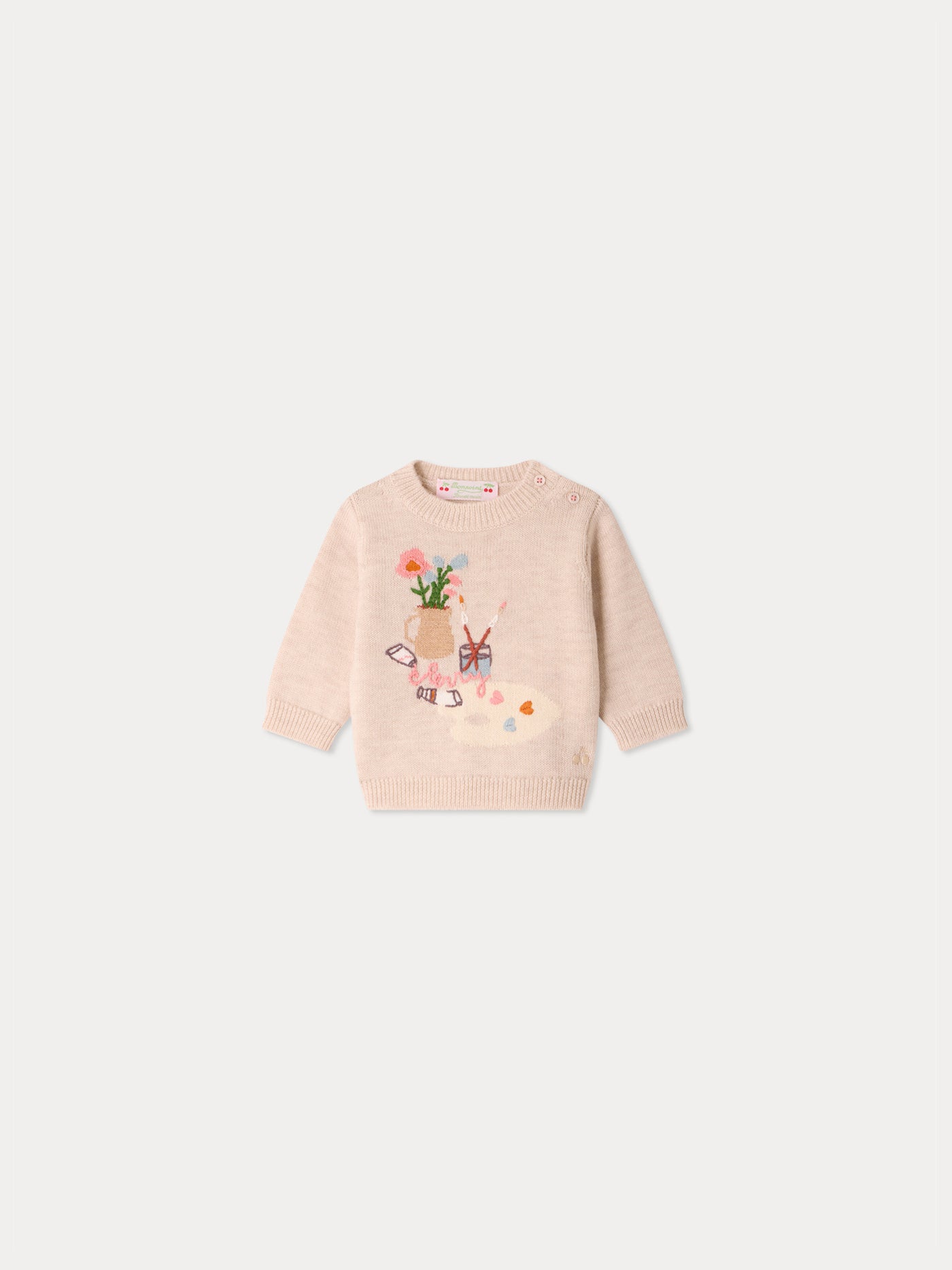 Almire baby sweater with hand embroidered painter's workshop